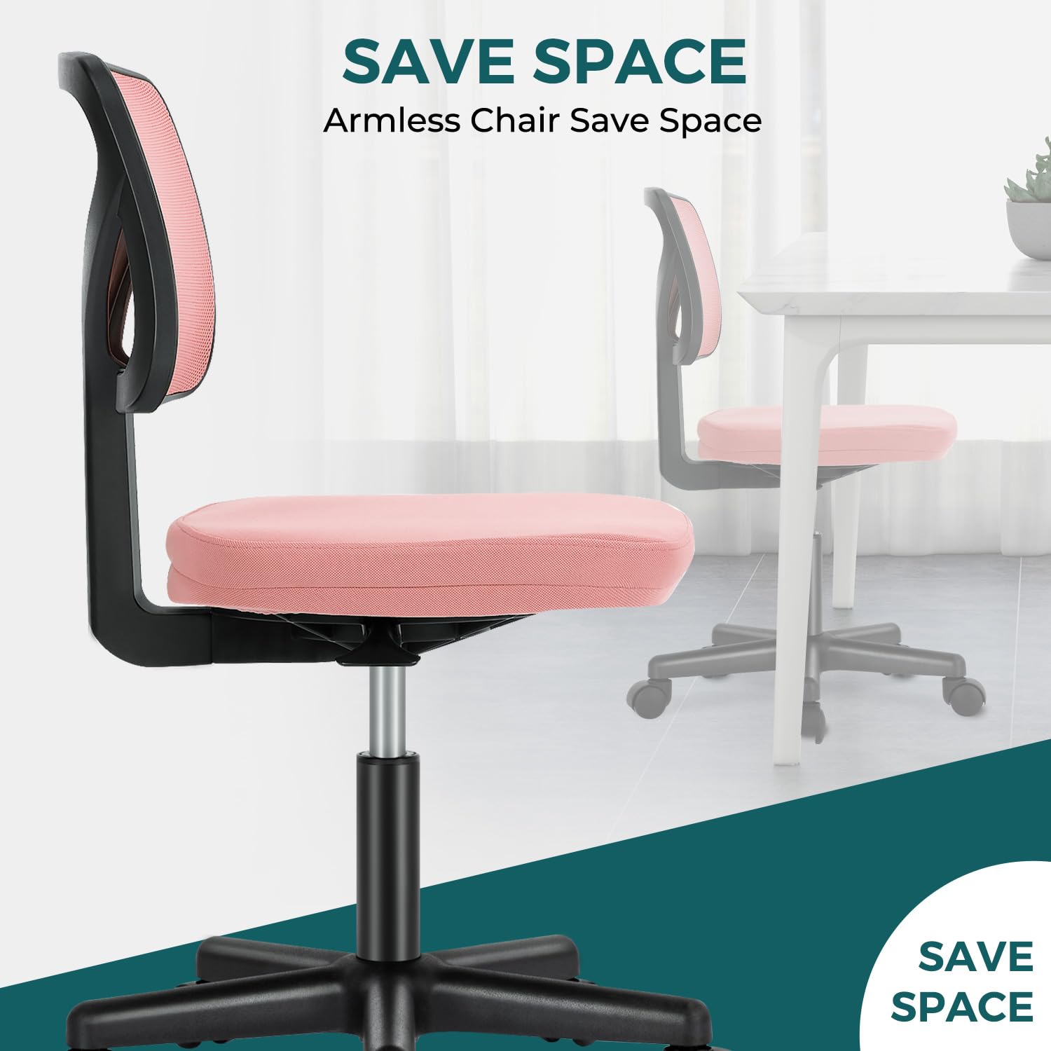 Vanity Swivel Armless Desk Chairs with Wheels, Ergonomic Adjustable Home Office Rolling Task Chair, Comfy Mesh Mid Back
