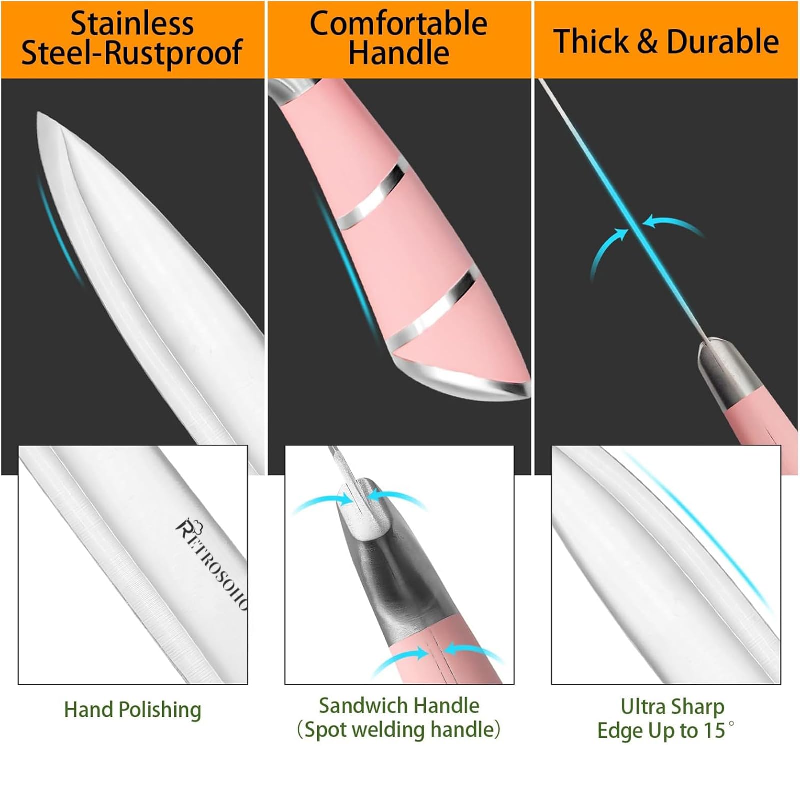 Kitchen Stainless Steel Knife Set, 9-Pieces Sharp Non-Stick Coated Chef Knives Block Set