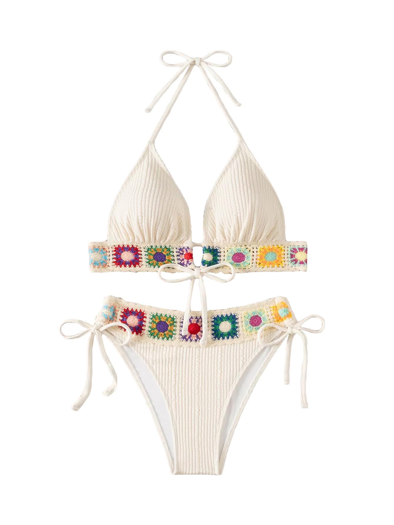 Women's Floral Embroidery Halter Padded Bikini Set Cut Out Boho Bathing Suit Swimsuit