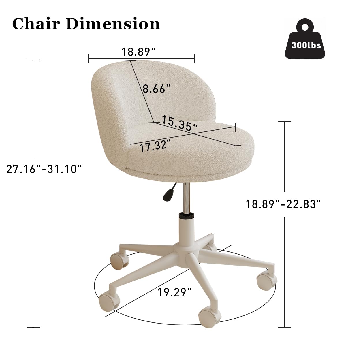 Modern Vanity Chair with Back, 360° Swivel Makeup Desk Chair Small Office Chair with Wheels, Height Adjustable Armless Computer Task Chair