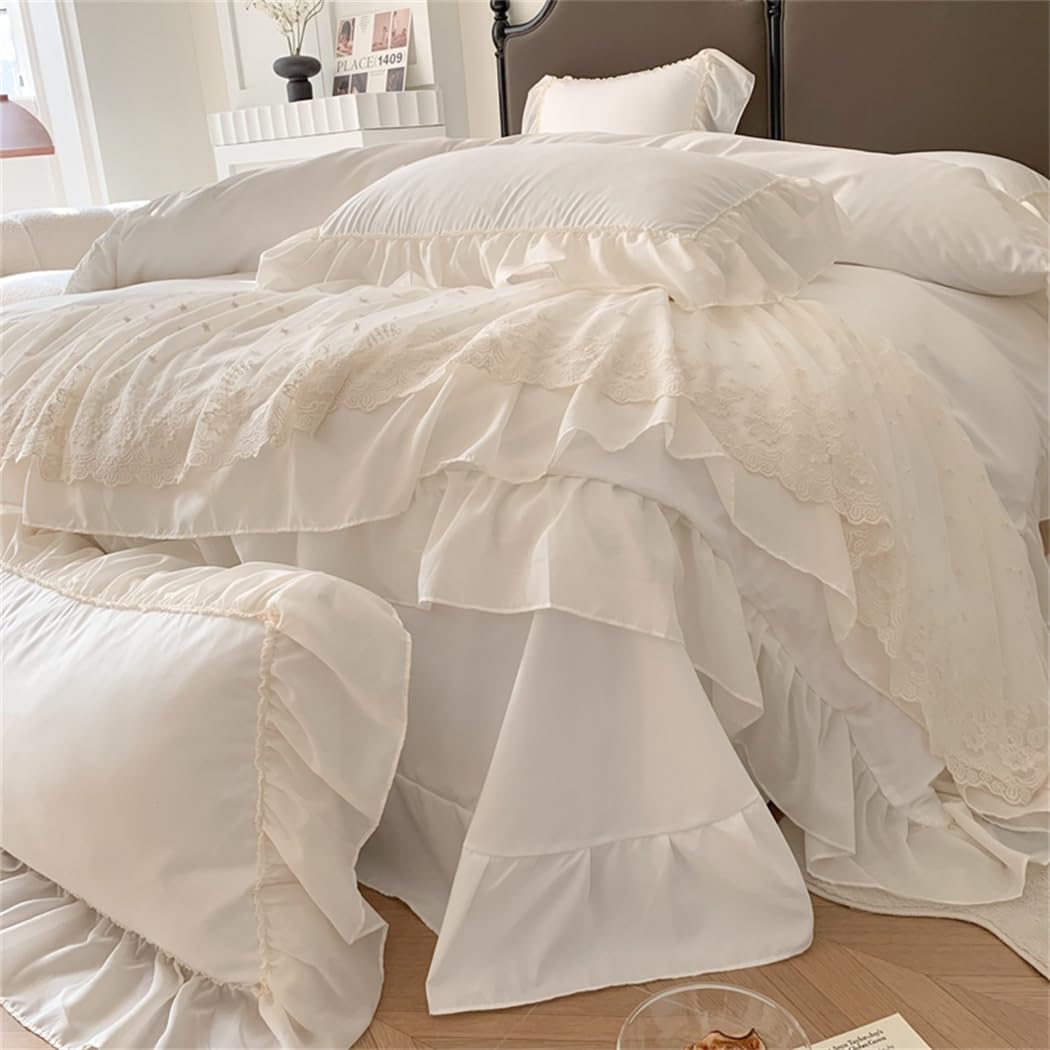 Lace Duvet Cover - Chiffon Ruffled Beddding Set with Flower, 3 Pieces Comforter Cover Set with Zipper Closure and Pillowcase