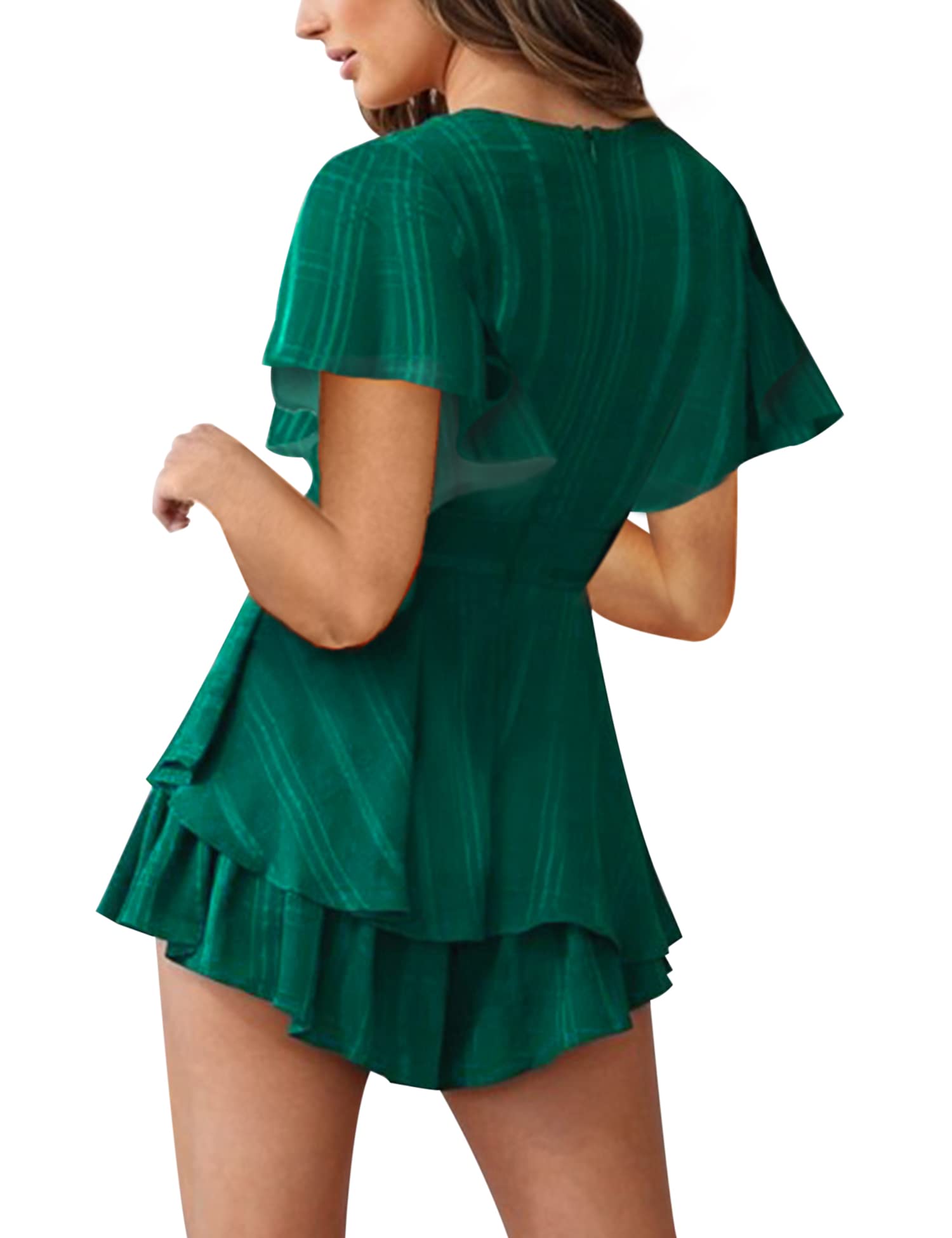 Women's Floral Rompers Jumpsuits V Neck Short Baggy Sleeve Waist Tie Double Layer Ruffle Hem Romper