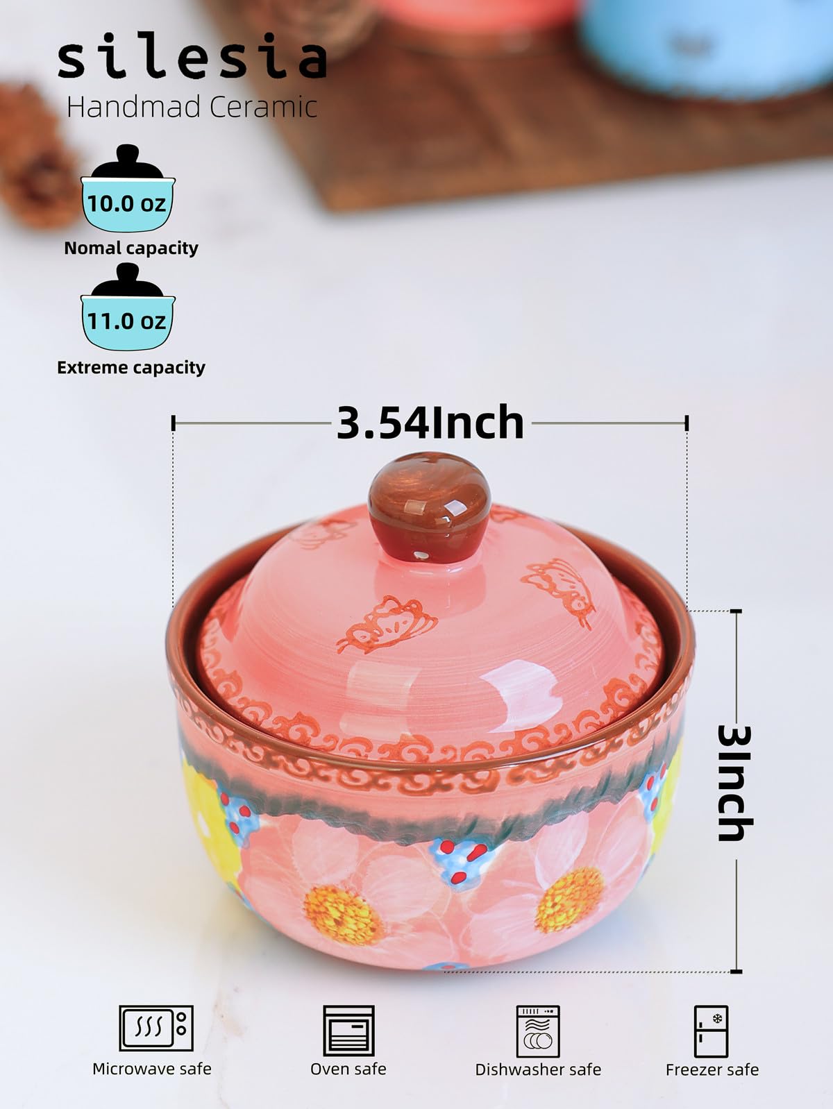 Handmade Sugar Bowl with Lid and Spoon, 10 Ounce Ceramic Hand-Painted Sugar Jar for Kitchen Oven, Dishwasher & Microwave Safe, Glazed