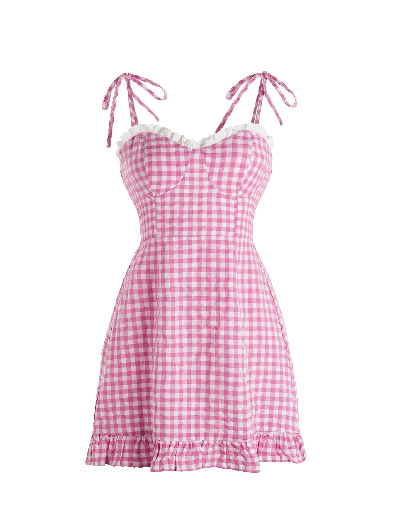 Women's Gingham Print tie Shoulder Sleeveless Ruffle Hem Cami Dress