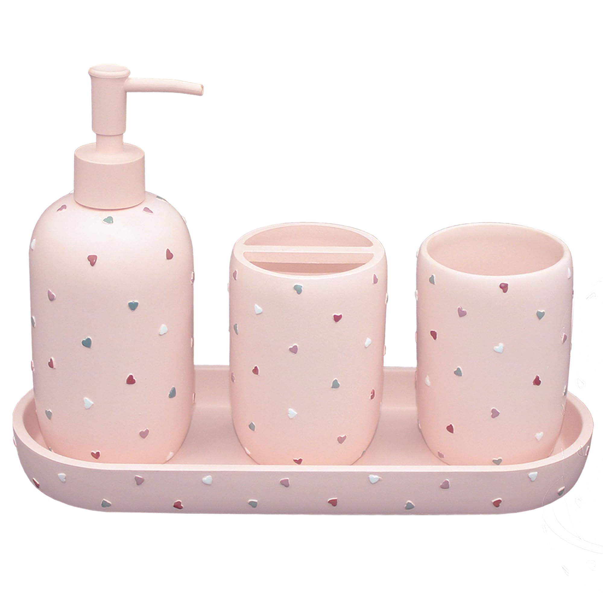Premium Bathroom Accessories Sets 4-Piece, Pastel Heart Bathroom Accessory Complete Set - Toothbrush Holder, Lotion Soap Dispenser, Vanity Tray, Bathroom Tumbler for Countertop Vanity