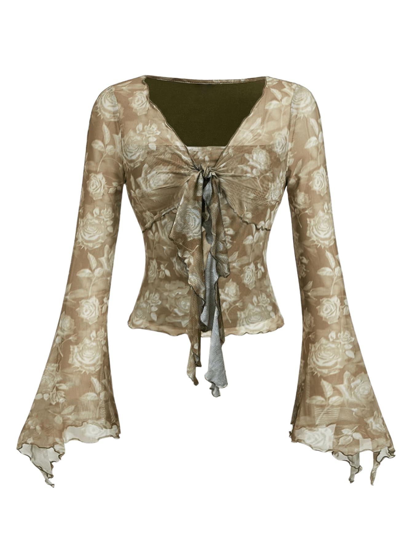 Verdusa Women's Floral Print Mesh Bell Sleeve Tie-Front Top with Lettuce Trim