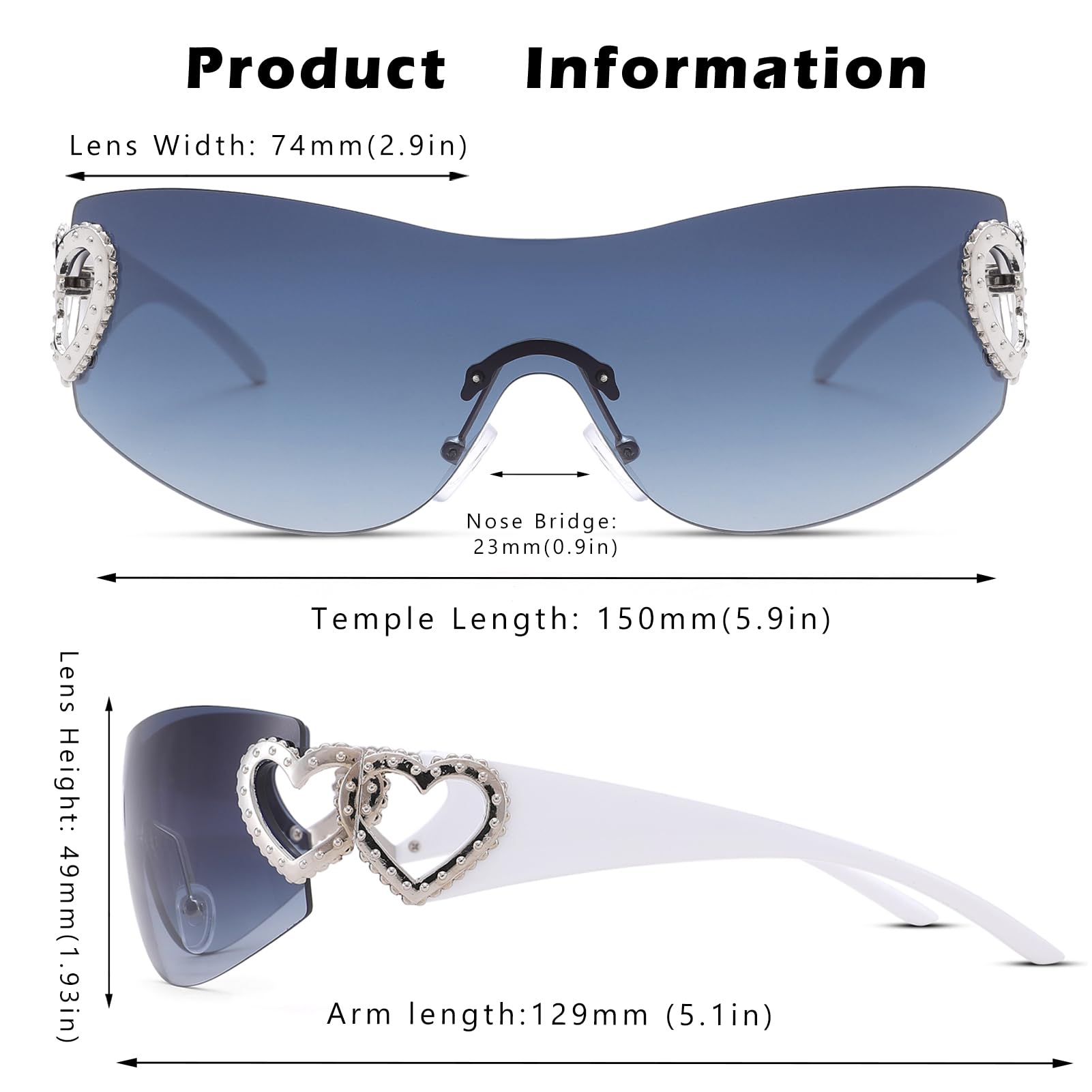 Wrap Around Heart Rhinestones Rimless Sunglasses Women Men, Oversized Fashion Futuristic Sun Glasses Cool Shade 2000S Trendy