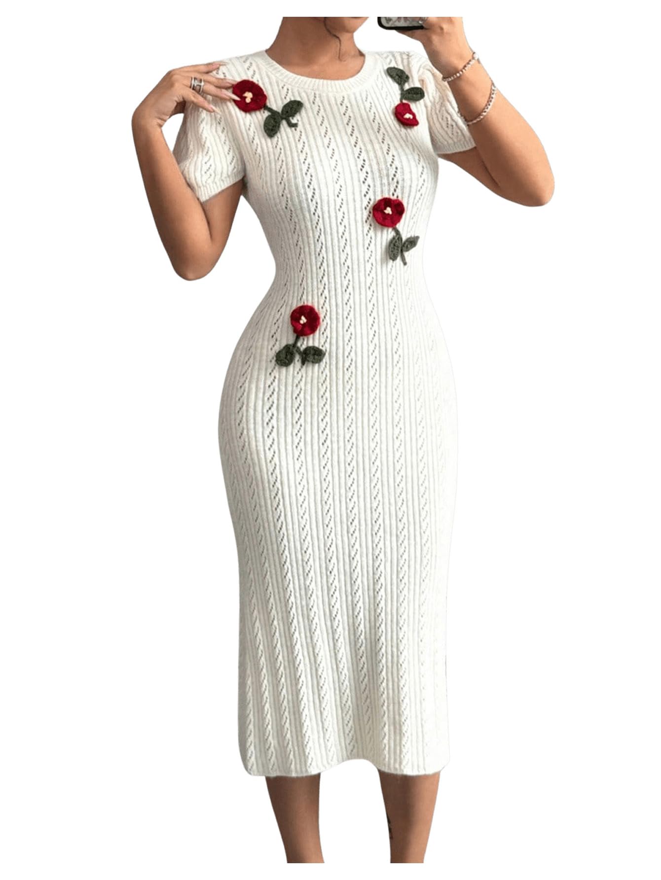 Women's 3D Flower Sweater Dress Crochet Short Sleeve Bodycon Mini Dresses