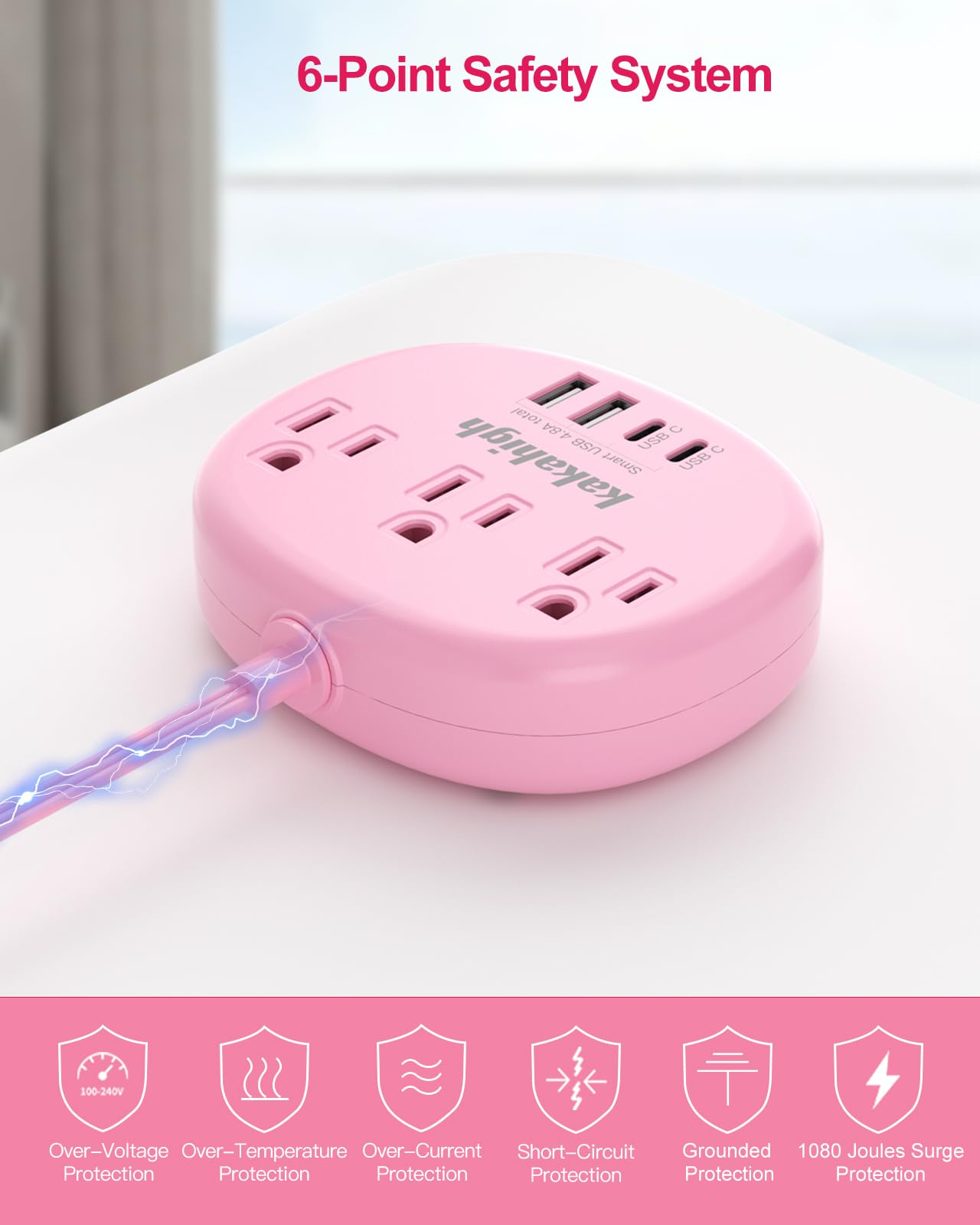 Cute Surge Protector â€?5FT Flat Extension Cord, 3 Outlets, 4 USB Ports (24W)