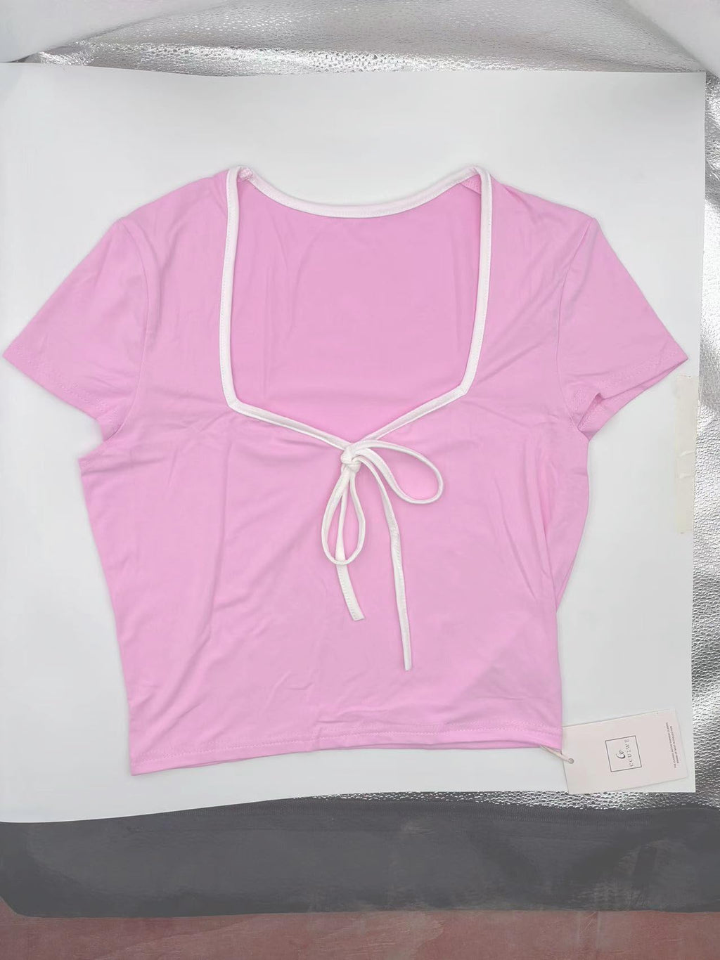 Womens Summer Short Sleeve Bow Square Neck Baby Tees Color Block Basic Crop Tops