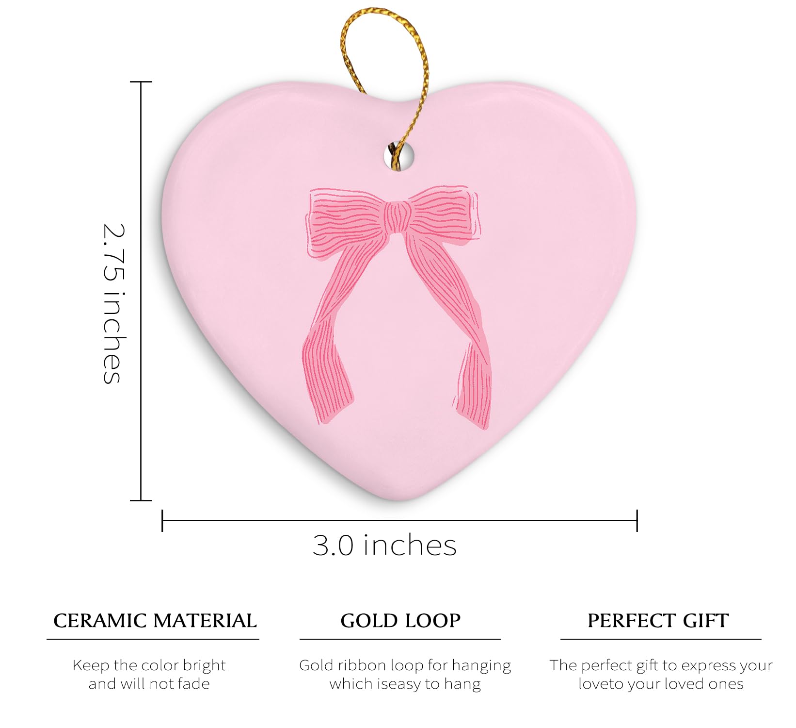 Coquette Trendy Pink Bow Ornament, Keepsake Sign for Decoration, Ceramic Heart