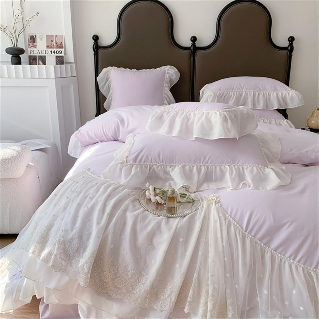 Lace Duvet Cover - Chiffon Ruffled Beddding Set with Flower, 3 Pieces Comforter Cover Set with Zipper Closure and Pillowcase