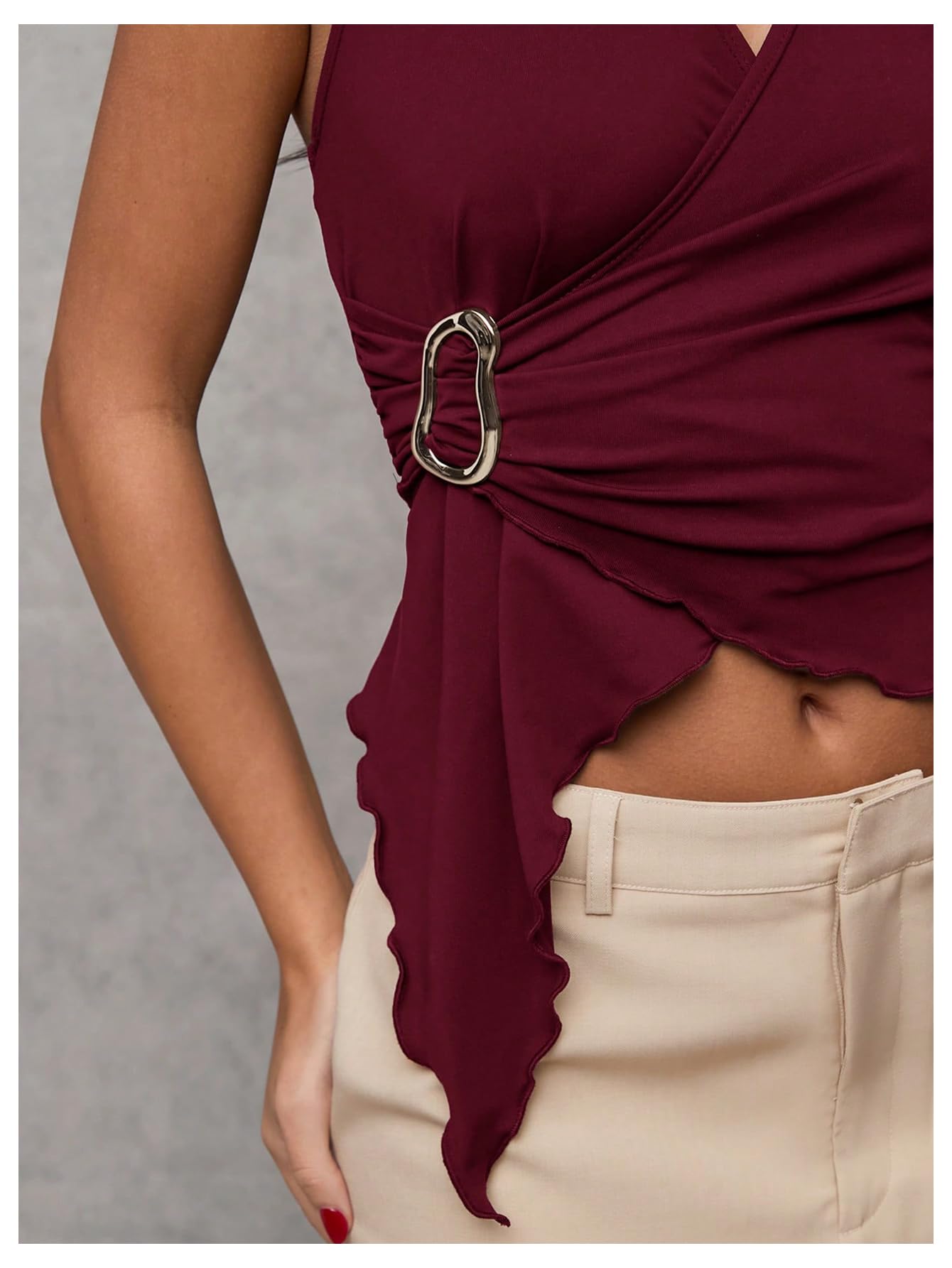 Women's Wrap V Neck Buckle Halter Top Ruched Asymmetrical Sleeveless Tops