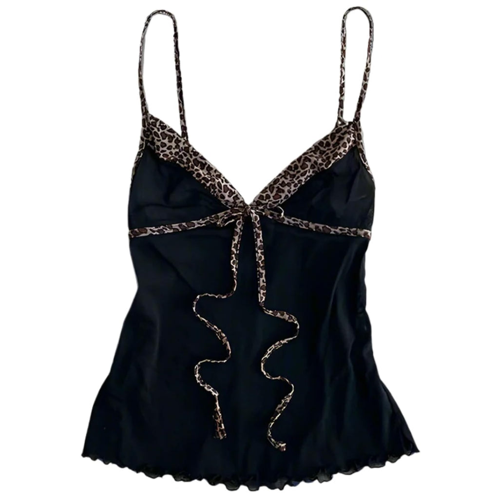 Emo Coquette Cropped Top Grunge 2000s Spaghetti Strap Tops Streetwear Vintage Camisole Y2k Cheetah Tops