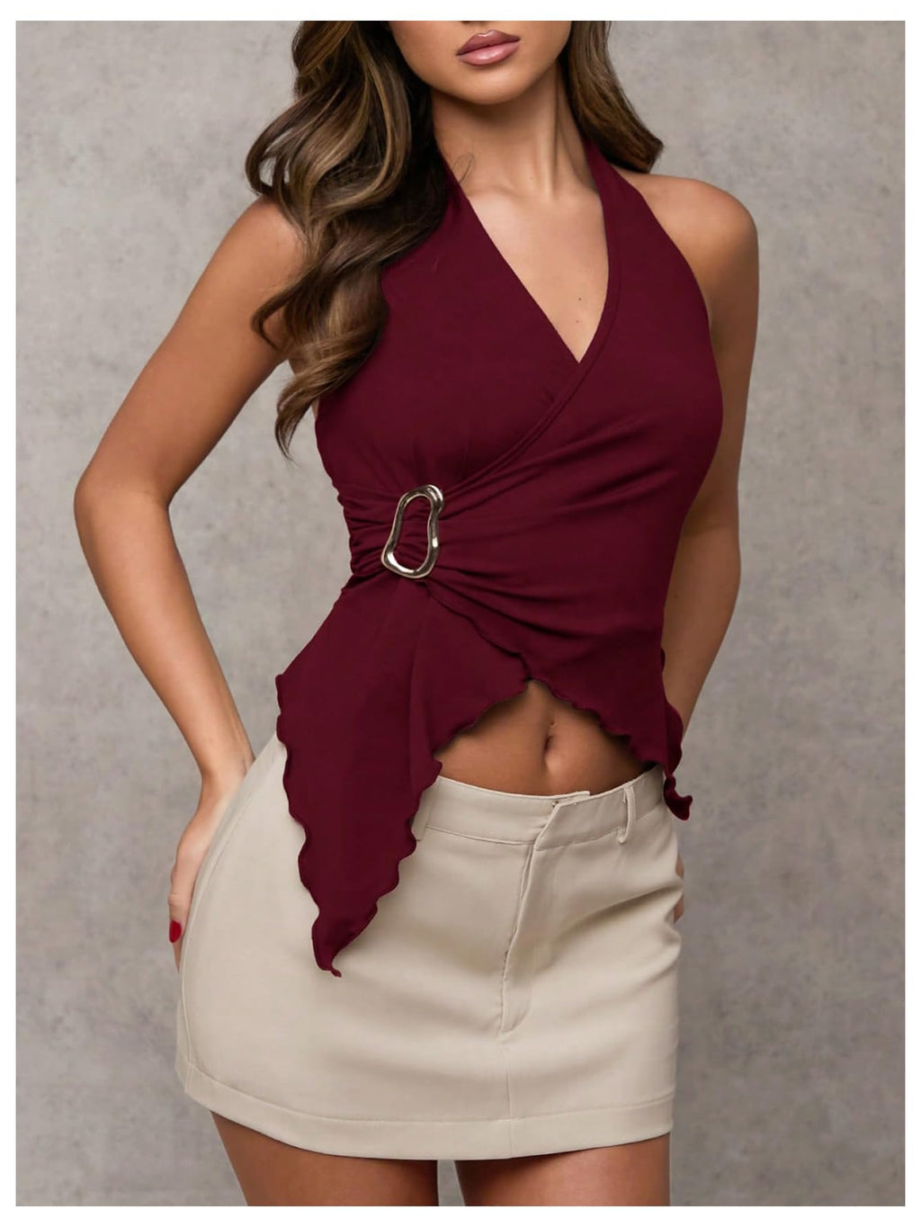 Women's Wrap V Neck Buckle Halter Top Ruched Asymmetrical Sleeveless Tops