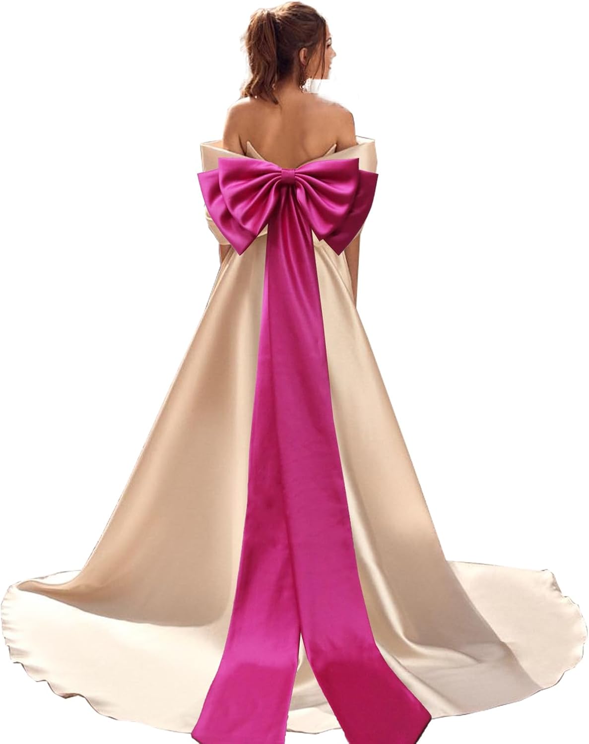 Detachable Big Bow Long Train Satin Bowknot Sweep Train Waist Sash Belt Bowknot for Wedding Formal Dress