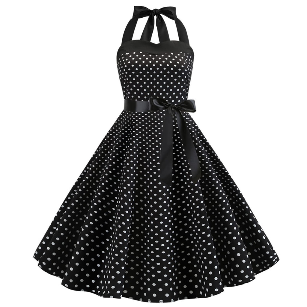 Vintage Women 1950s Rockabilly Swing Dress Pinup 50s Retro Hepburn Style Halterneck A-Line Dresses
