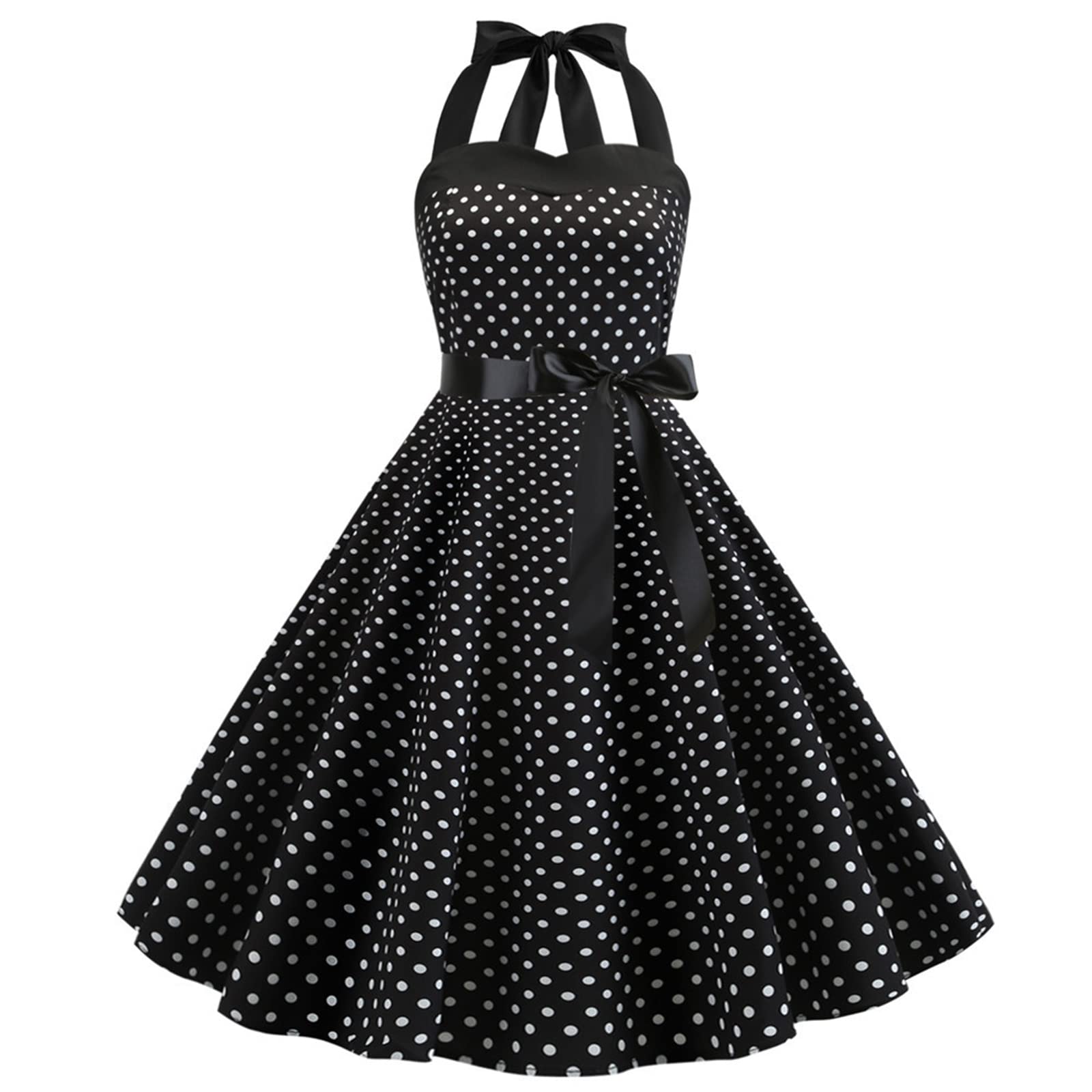 Vintage Women 1950s Rockabilly Swing Dress Pinup 50s Retro Hepburn Style Halterneck A-Line Dresses