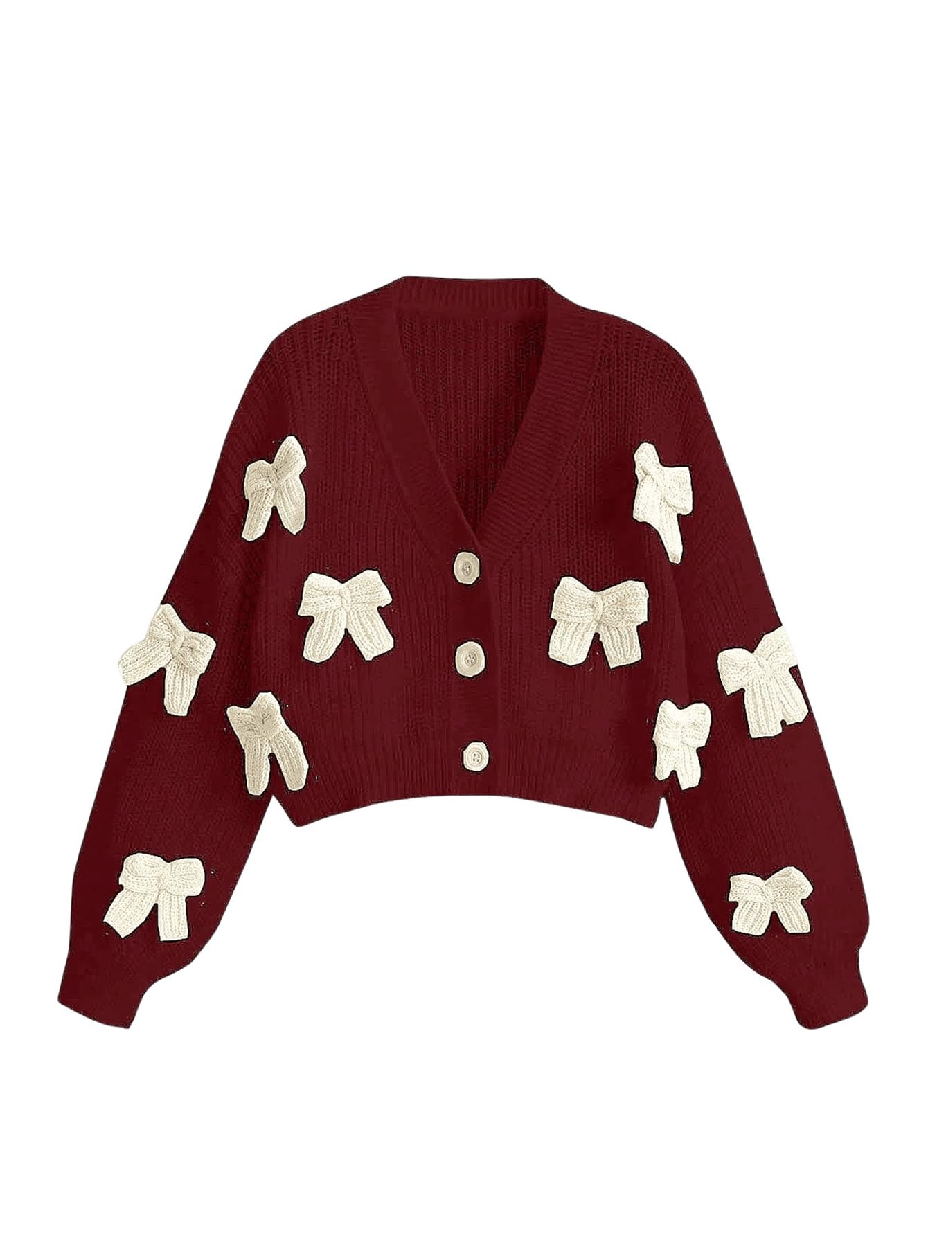 Women's Cute Bow Cardigan Sweater Long Sleeve V Neck Button Down Pullover Top