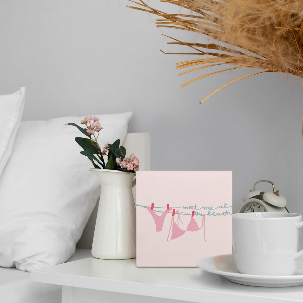 Coquette Pink Bow Champagne Wooden Box Sign, 5x5 Inch