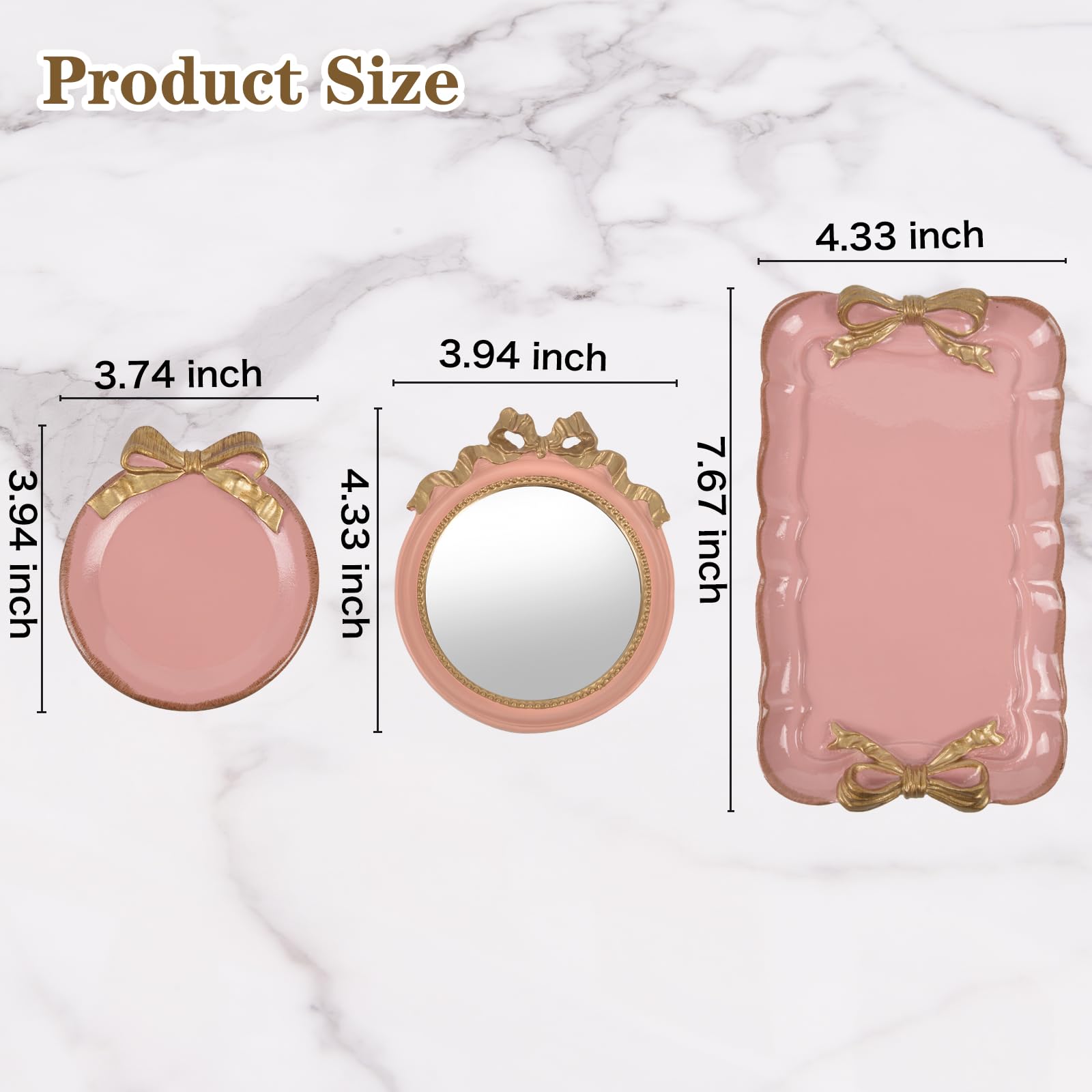 Vanity Tray Coquette Decor - 3 Pcs Decorative Perfume Tray Set, Jewelry Tray & Bow Makeup Mirror & Vanity Tray, Gold Perfume Tray Organizers, Coquette Vintage Decor