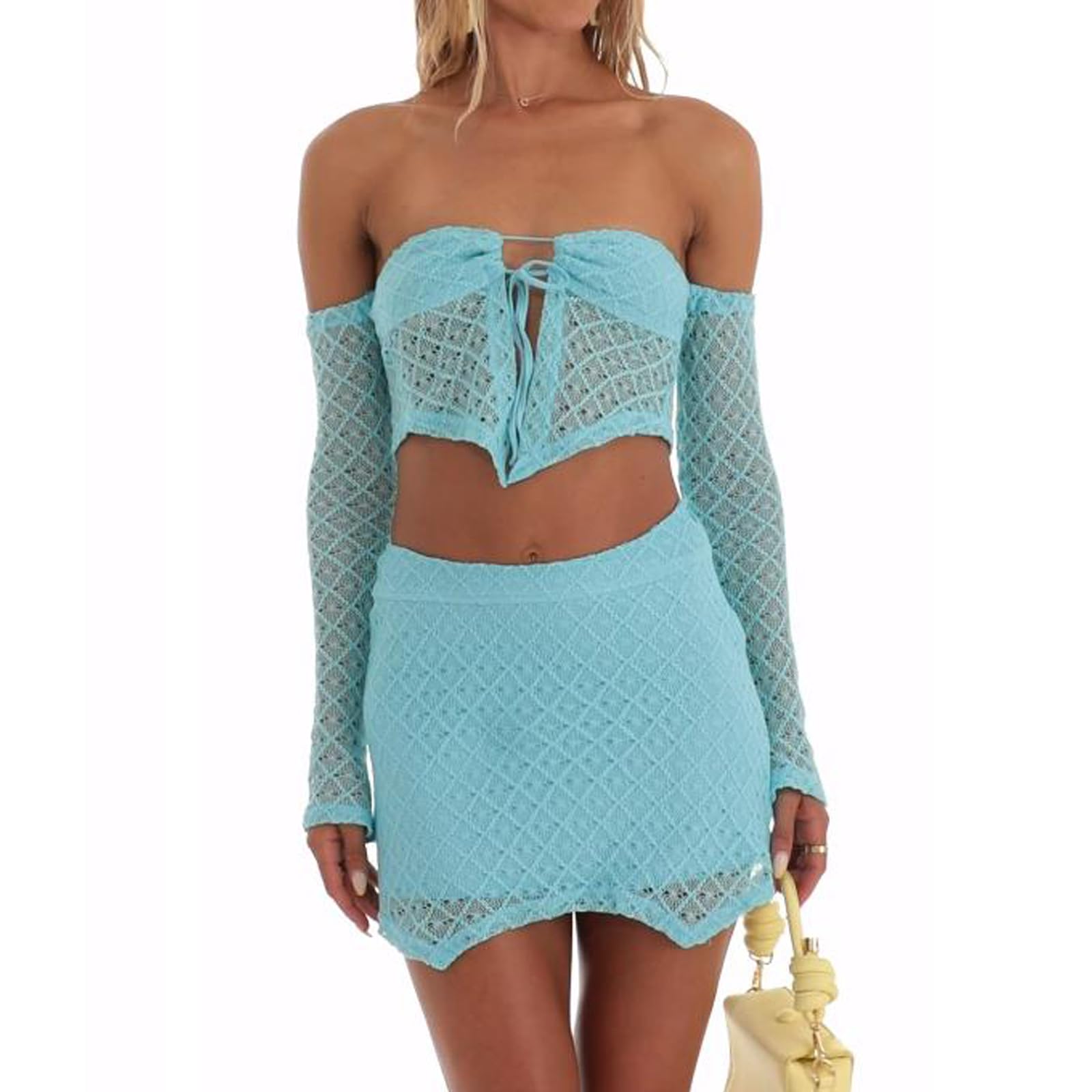 Women Y2k Ruffle 2 Piece Skirt Set Sexy Lace Mesh Crop Top and Mini Skirt Set Outfits