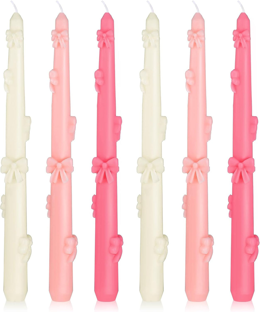 Coquette Bow Taper Candle Decor Pink White Aesthetic Wax Candle 6 Pack