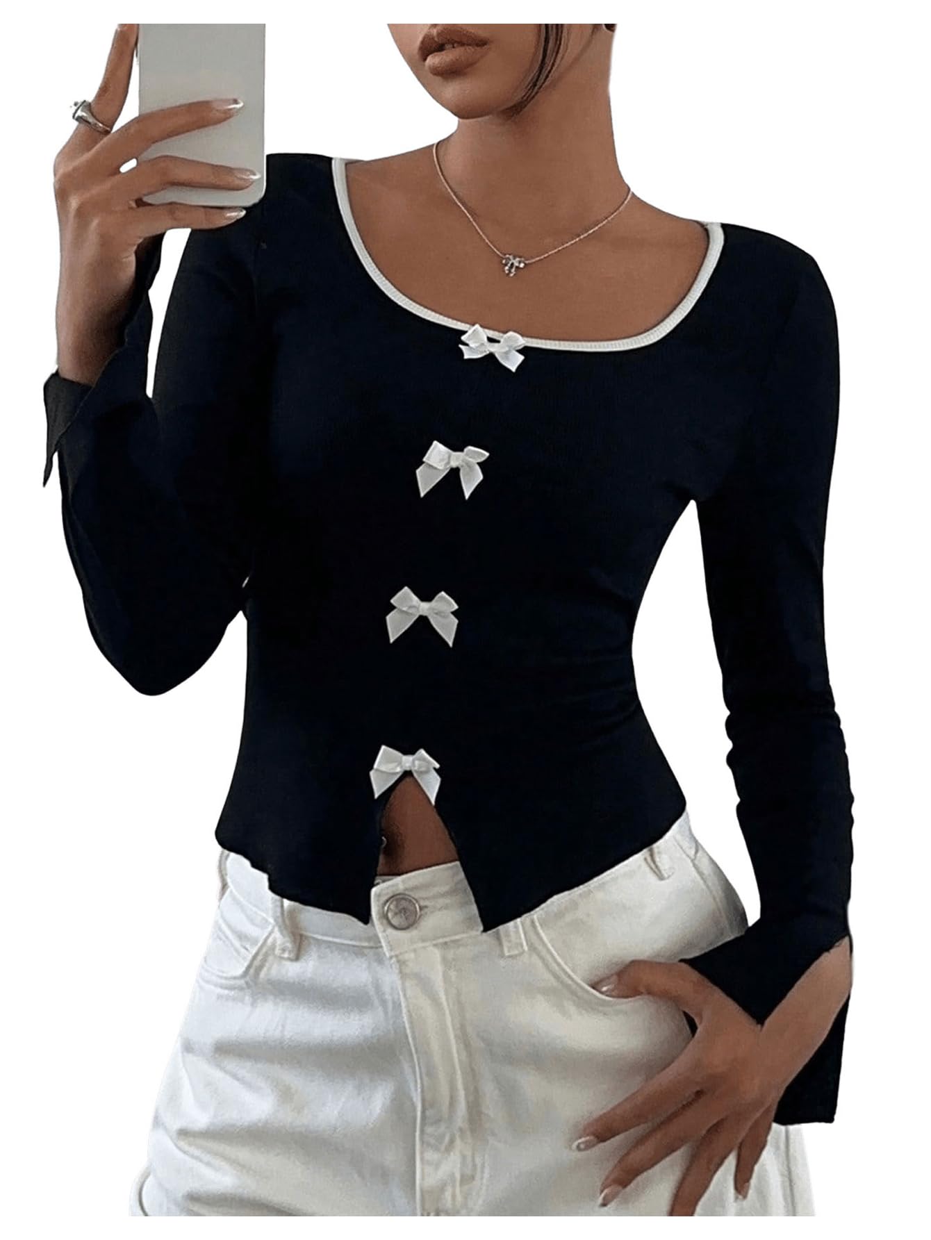 Women's Color Block Bow Decor Open Slit Long Sleeve T Shirts