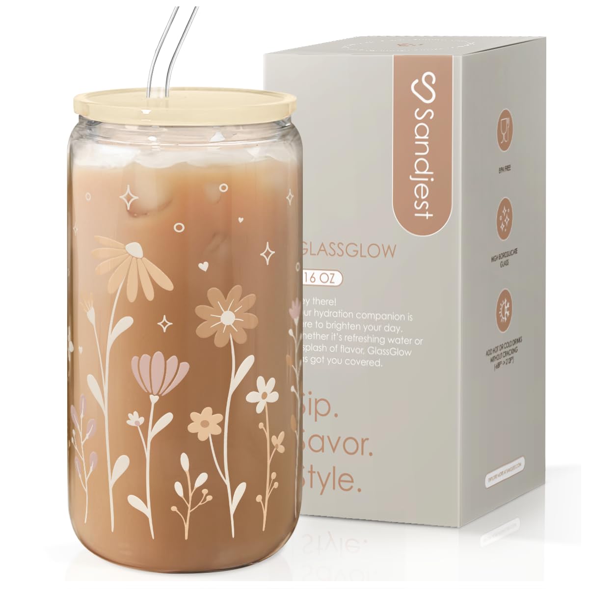 Glass Cup with Lid & Straw, Iced Coffee Aesthetic Glass Can, 16oz