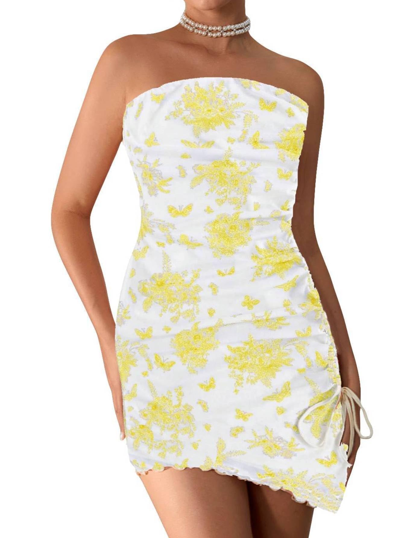 Women's Boho Floral Mini Tube Dress Ruched Asymmetrical Bodycon Dresses