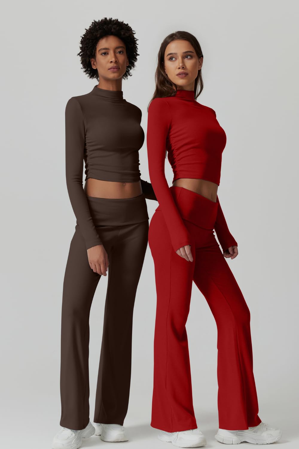 Womens 2 Piece Lounge Sets Mock Neck Long Sleeve Tops with Side Ruched Fold Over Flare Pants Comfy Tracksuits