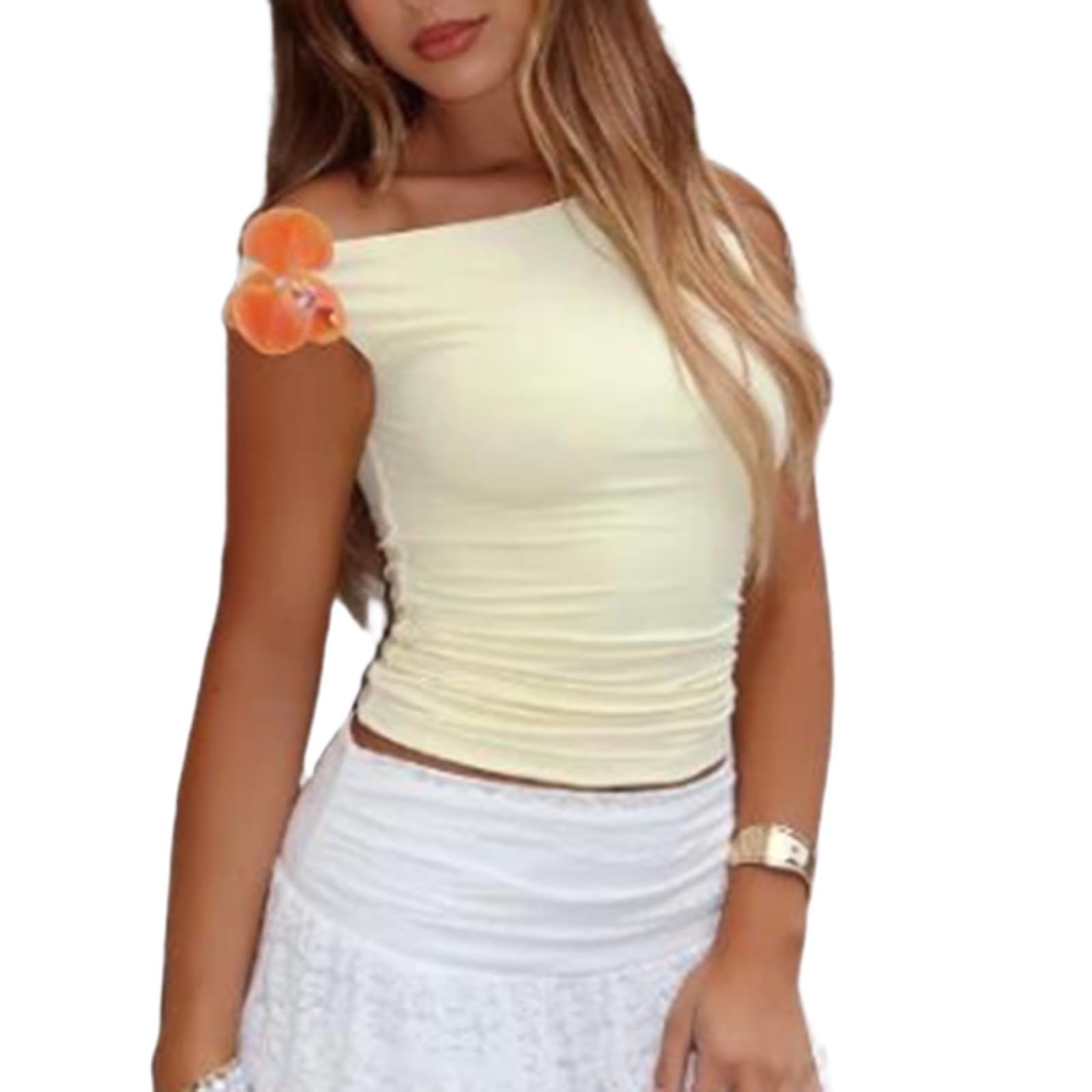 Women 3D Floral Crop Top Casual Solid Color Ruched Front Babytee Summer Off Shoulder Slim Fit Streetwear Shirt