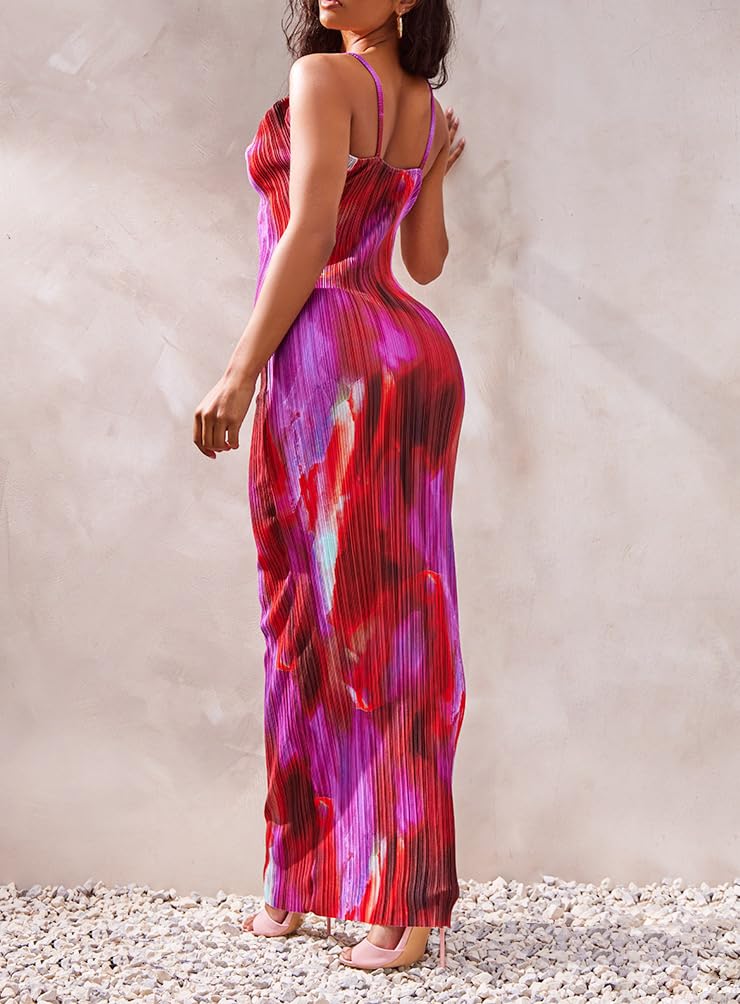 Women's Cowl Neck Dress Sexy Strap Shoulder Pleated Maxi Dress