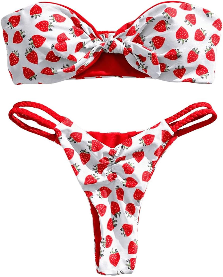 Women's Strapless Knot Front Bandeau Bikini Set Cheeky Thong Strawberry Print Swimsuit