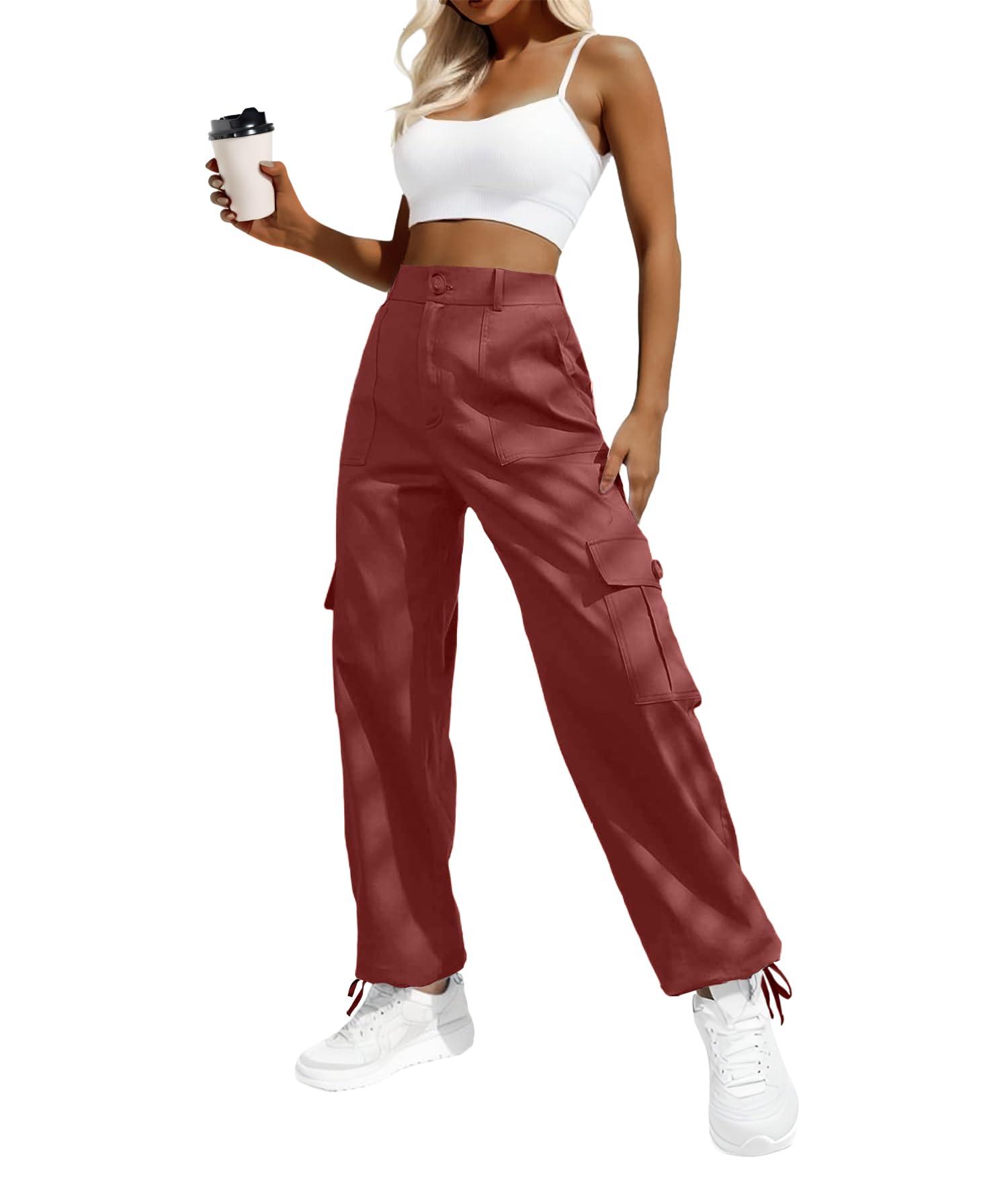 Women's High-Waisted Cargo Pants â€?Y2K Streetwear Baggy with 6 Pockets & Drawstring Cuffs