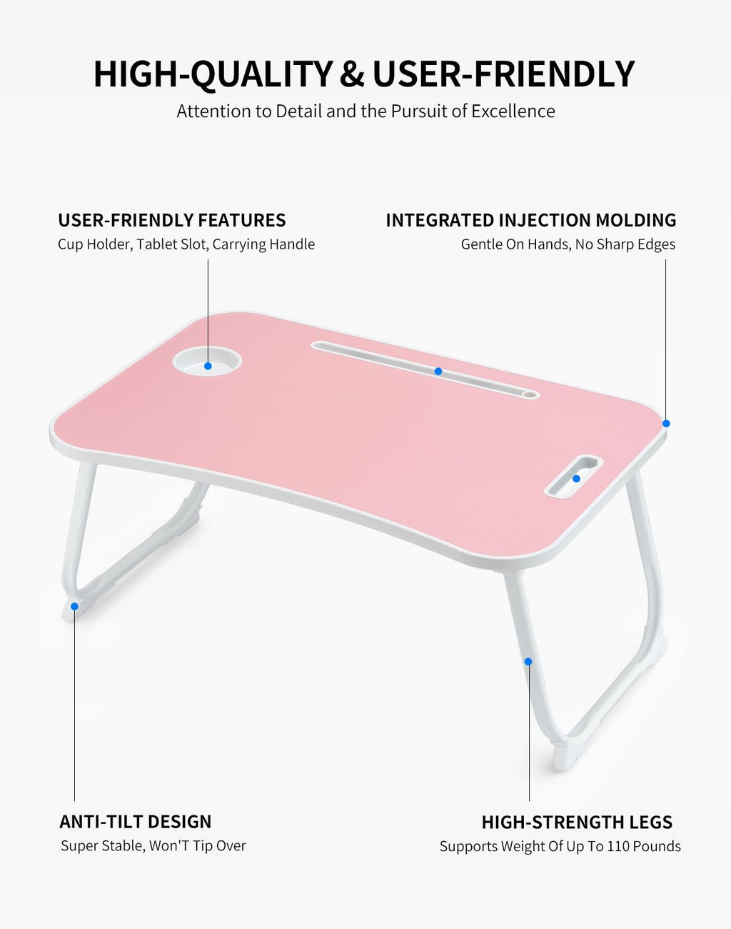 Portable Foldable Study Table, Laptop Stand With Cup Holder, Tablet Slot, And Lift Handle For Working