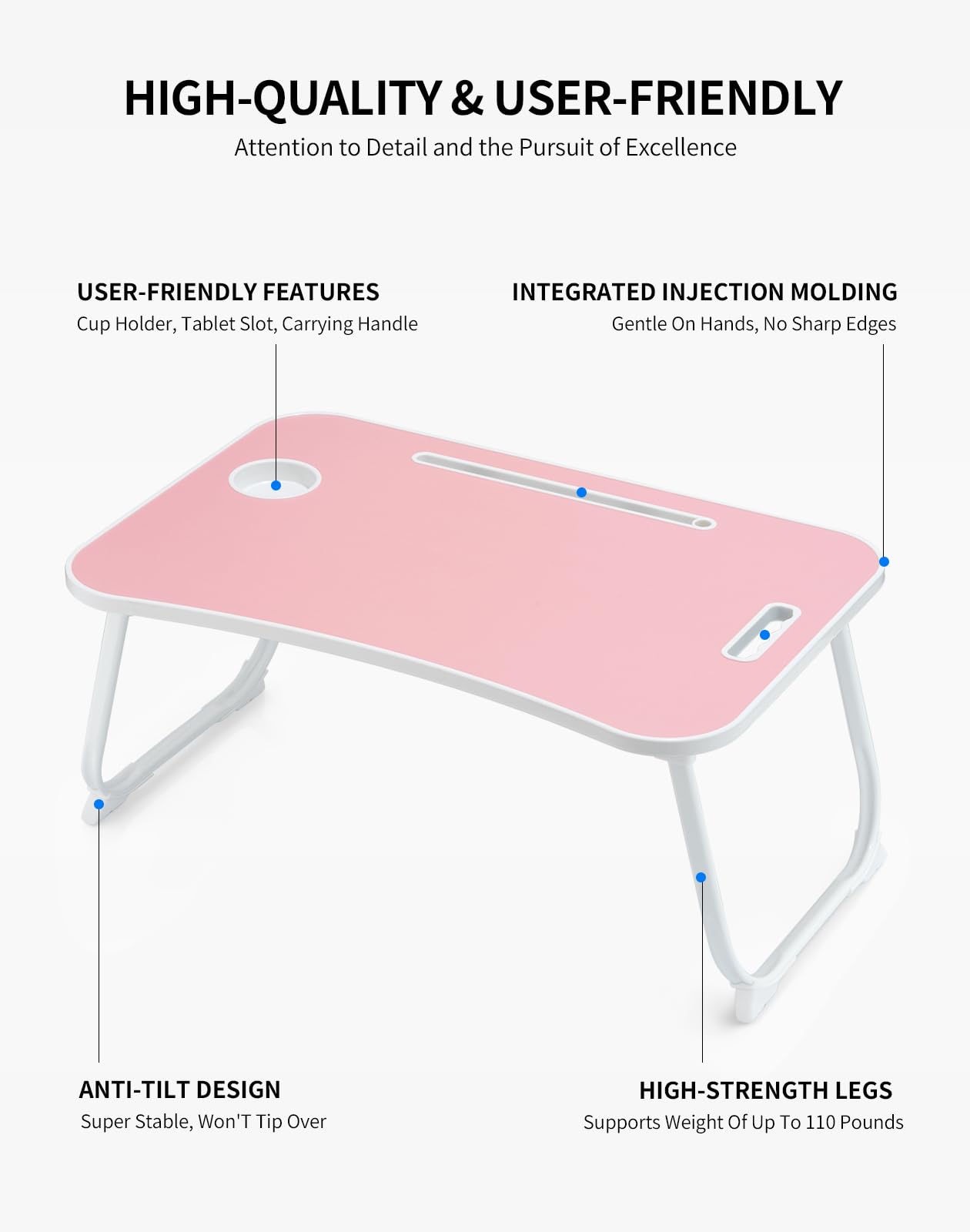 Portable Foldable Study Table, Laptop Stand With Cup Holder, Tablet Slot, And Lift Handle For Working