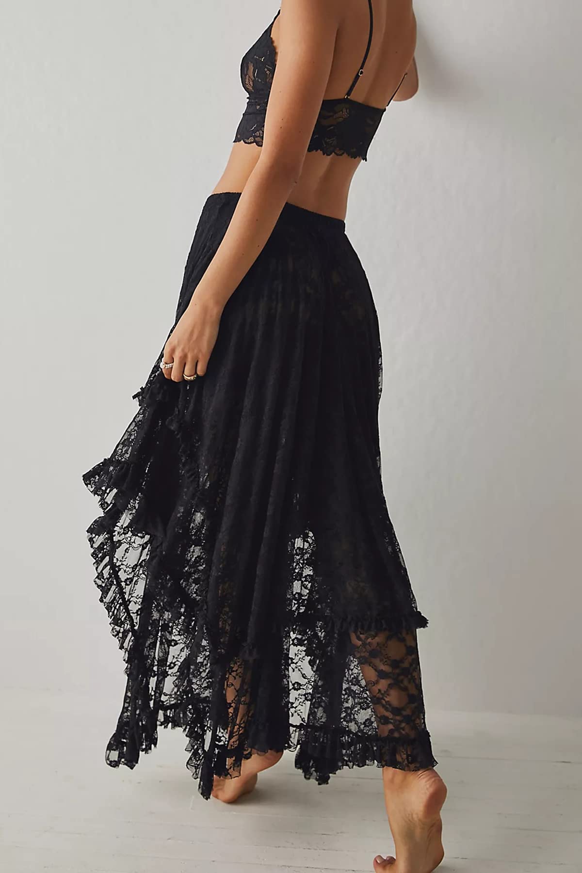 Women Lace Long Skirts Summer Elastic Asymmetrical Layered Hem Sexy See-Through Beach Floral Maxi Skirts
