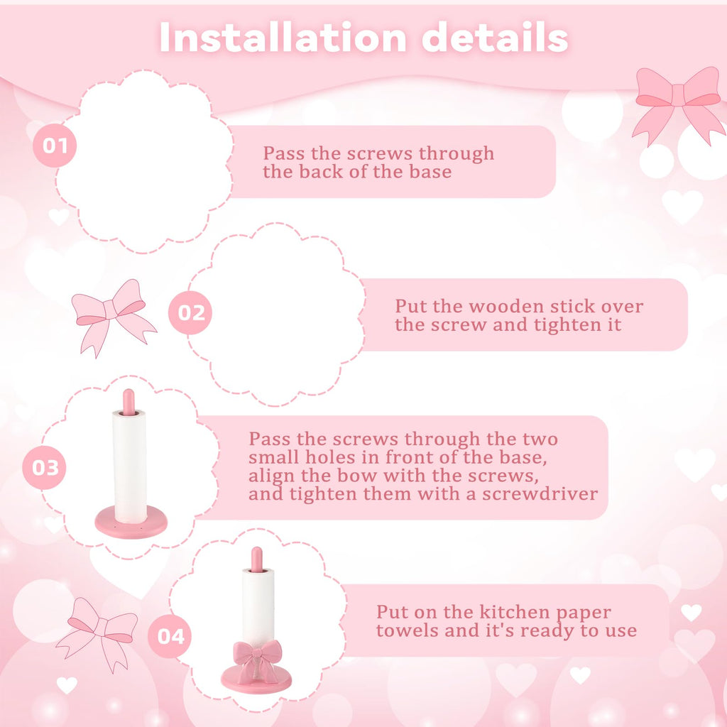 Coquette Pink Bow Paper Towel Holder Cute Wooden Decorative Paper Towel Stand Free-Standing