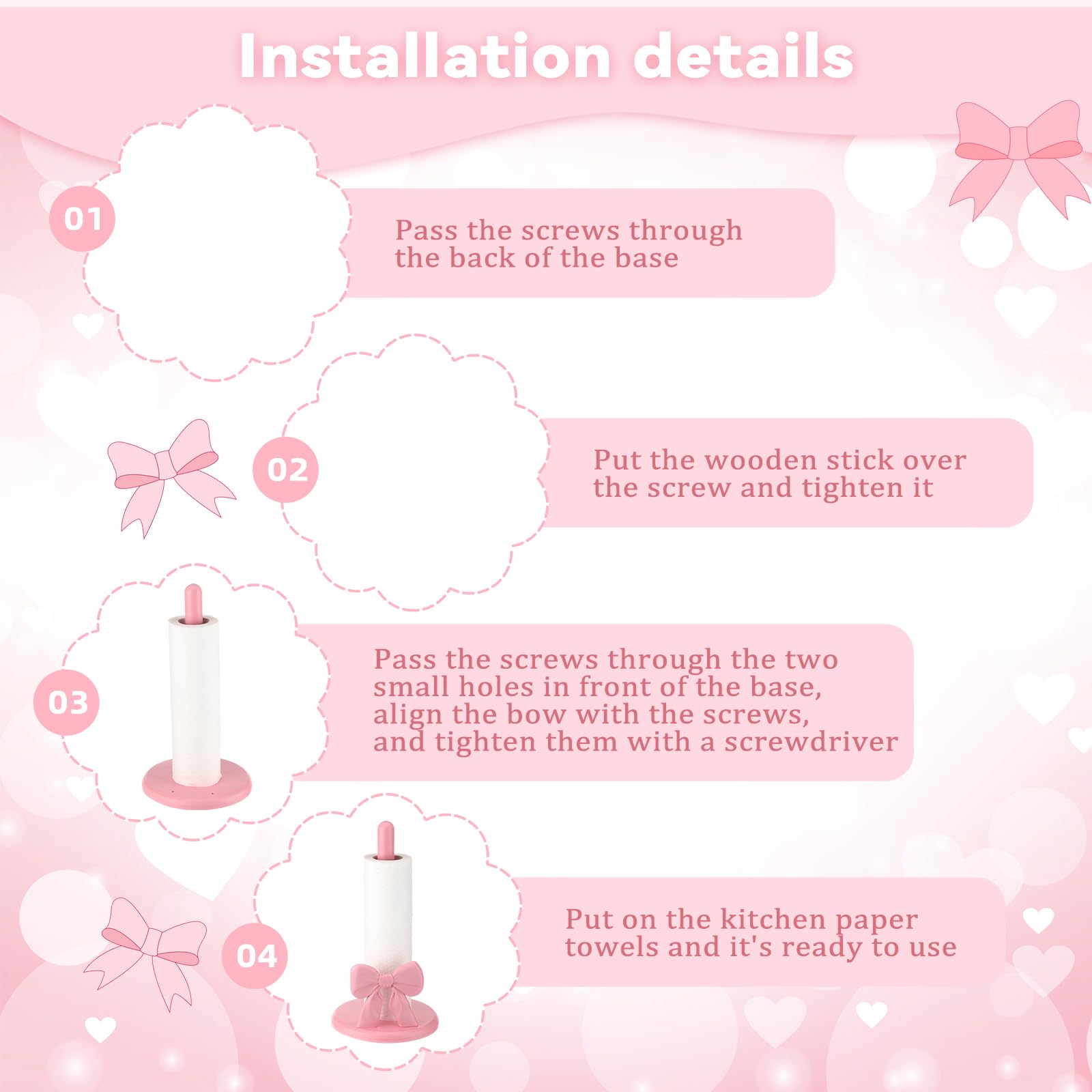 Coquette Pink Bow Paper Towel Holder Cute Wooden Decorative Paper Towel Stand Free-Standing