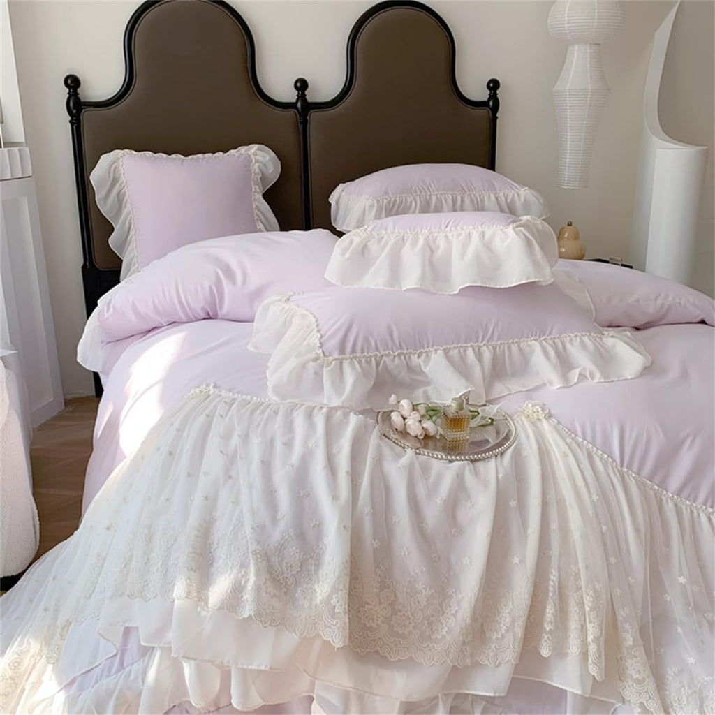 Lace Duvet Cover - Chiffon Ruffled Beddding Set with Flower, 3 Pieces Comforter Cover Set with Zipper Closure and Pillowcase