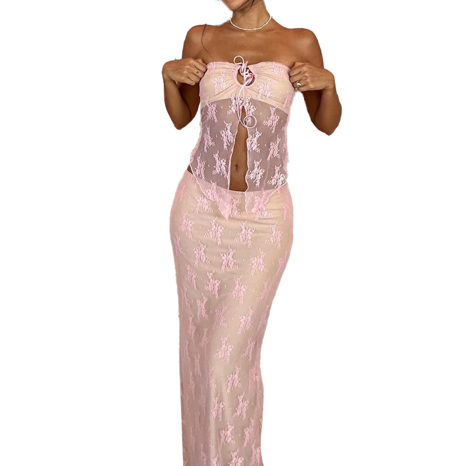 Women Sexy Y2K Maxi Skirt Set Strapless Bodycon Lace Tube Top See Through 2 Piece Outfits Summer Party Wear Dress