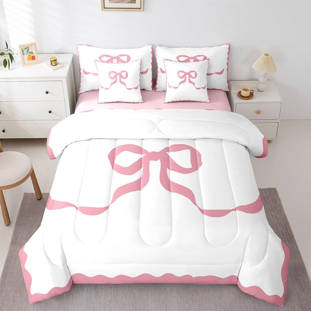 Princess Style Pink Bowknot Comforter Bedding Set, Bow Tie Pink White Dreamy Fairy Tale Bow (Comforter+Fitted+Flat Sheet+2 Pillowcases+2 Throw Pillow Covers) 7 Pieces Bed Set
