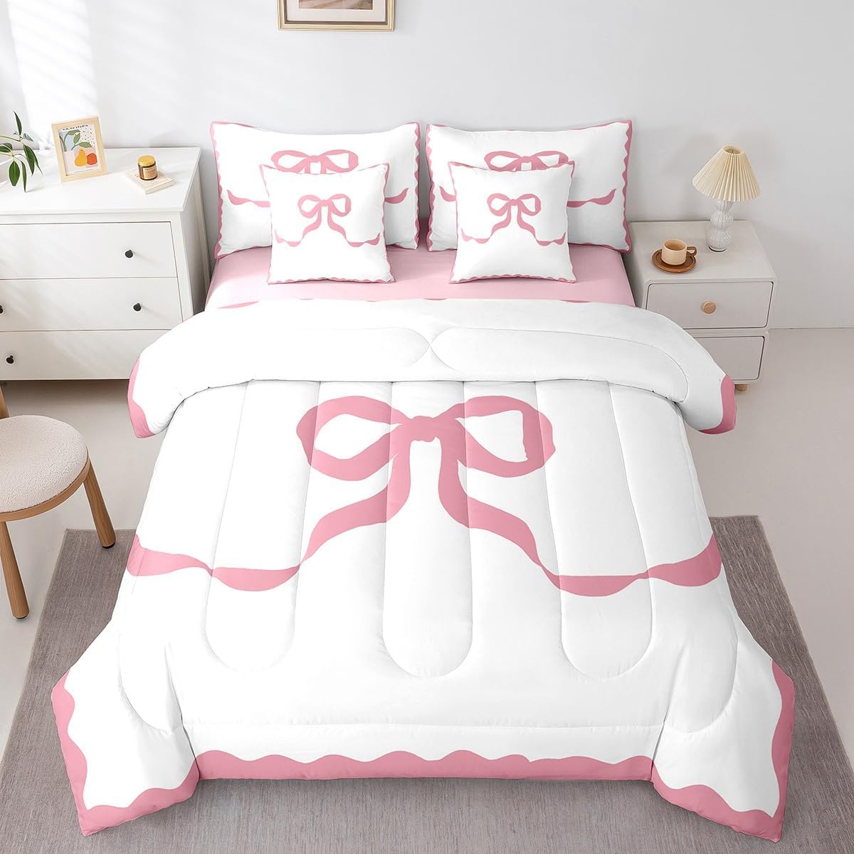 Princess Style Pink Bowknot Comforter Bedding Set, Bow Tie Pink White Dreamy Fairy Tale Bow (Comforter+Fitted+Flat Sheet+2 Pillowcases+2 Throw Pillow Covers) 7 Pieces Bed Set