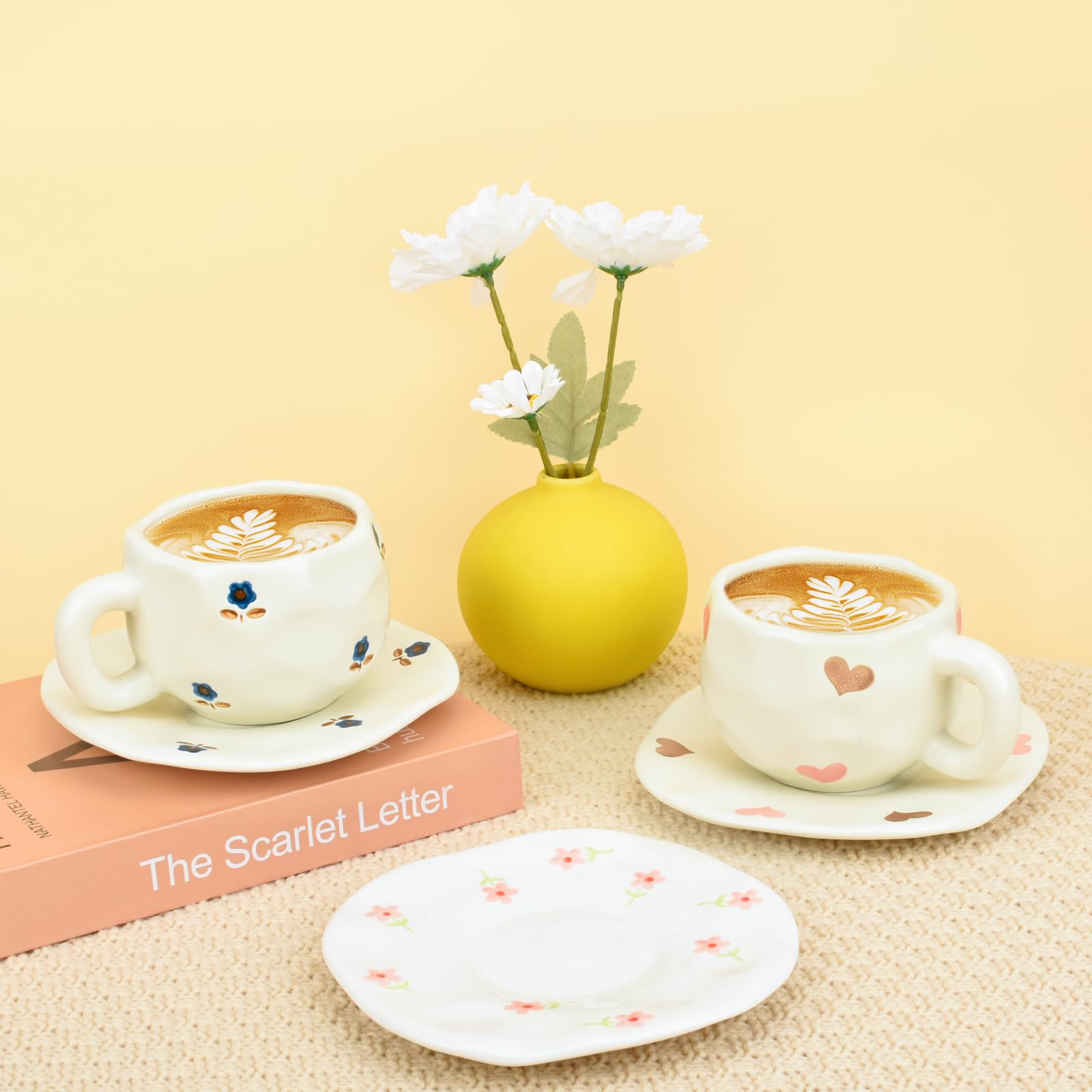 Ceramic Coffee Mug with Saucer Set, Cute Creative Cup Unique Irregular Design, 10 oz/300 ml