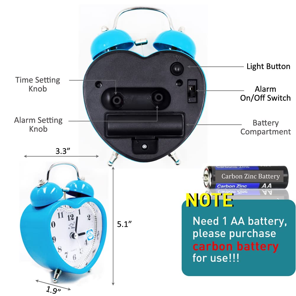 Cute Heart Shapes Twin Bell Loud Alarm Clock Silent Analog Quartz Nightlight Tableclock Battery Operated for Kids, Seniors, Heavy Sleepers, Decorations for Bedroom, Living Room 3 Inches