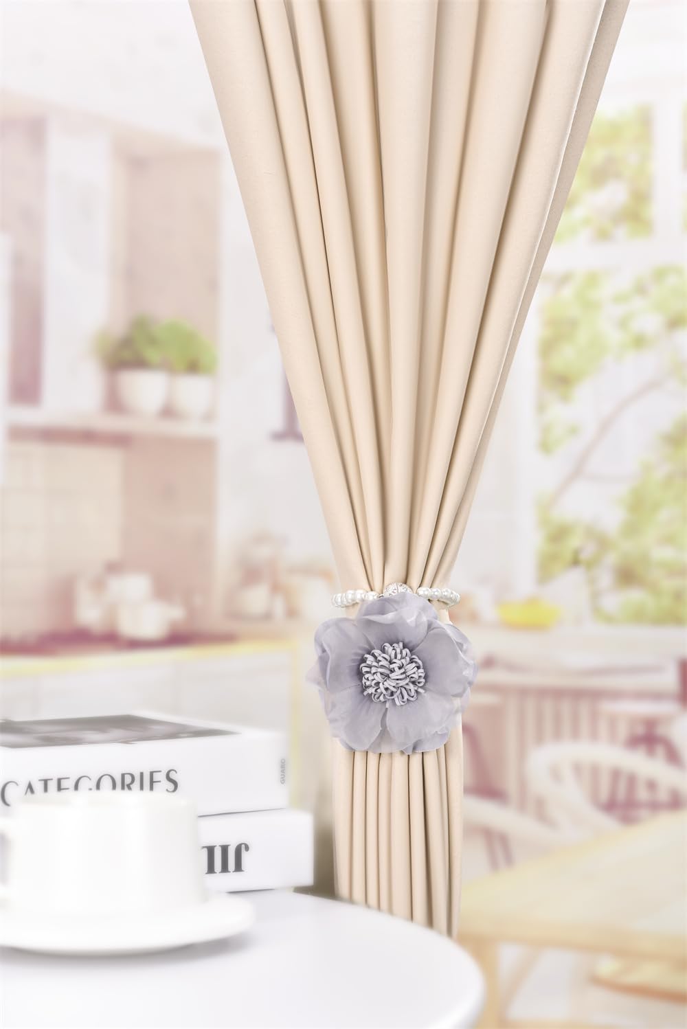Elegant Pearl Magnetic Curtain Tieback with Handmade Flower Decorative Drapery Holdbacks Rope Holder