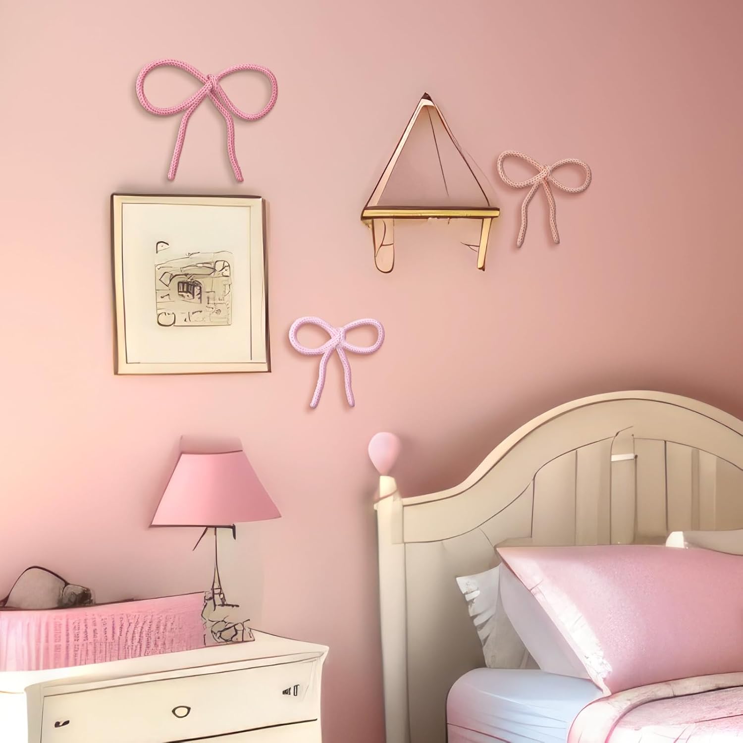 Pink Bow 3 Pcs Boho Bow Wall Decor - Coquette Room Decor Woven Macrame Wall Hanging 2 Size Pink Preppy Decoration