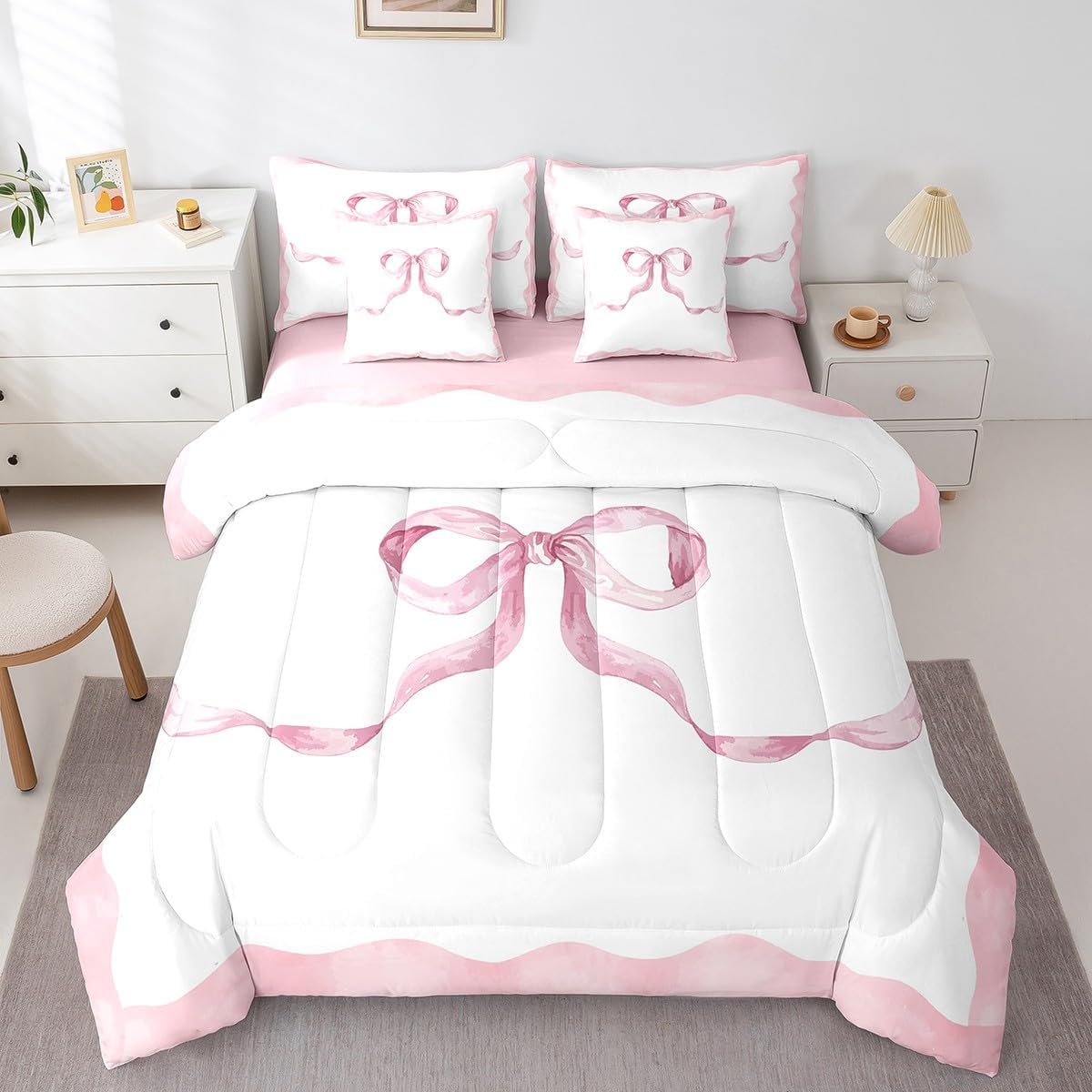 Princess Style Pink Bowknot Comforter Bedding Set, Bow Tie Pink White Dreamy Fairy Tale Bow (Comforter+Fitted+Flat Sheet+2 Pillowcases+2 Throw Pillow Covers) 7 Pieces Bed Set