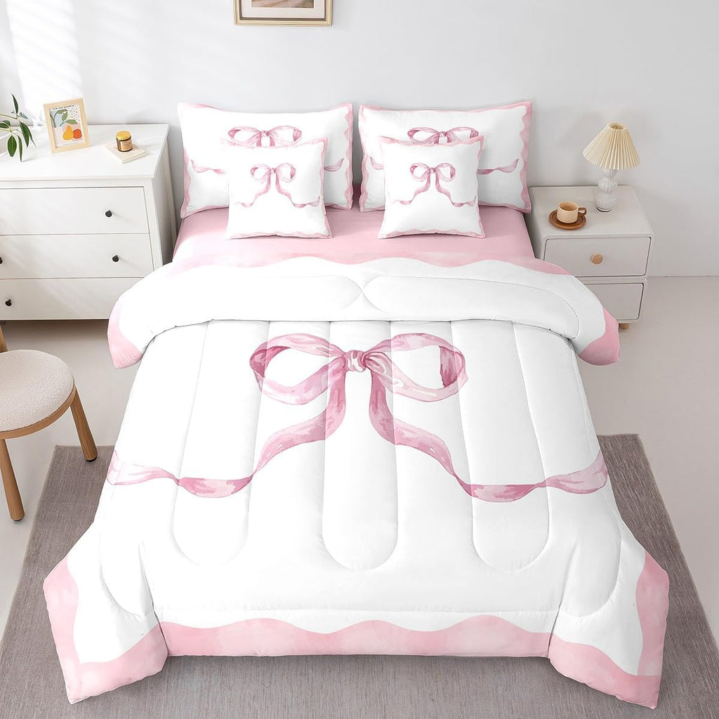 Princess Style Pink Bowknot Comforter Bedding Set, Bow Tie Pink White Dreamy Fairy Tale Bow (Comforter+Fitted+Flat Sheet+2 Pillowcases+2 Throw Pillow Covers) 7 Pieces Bed Set